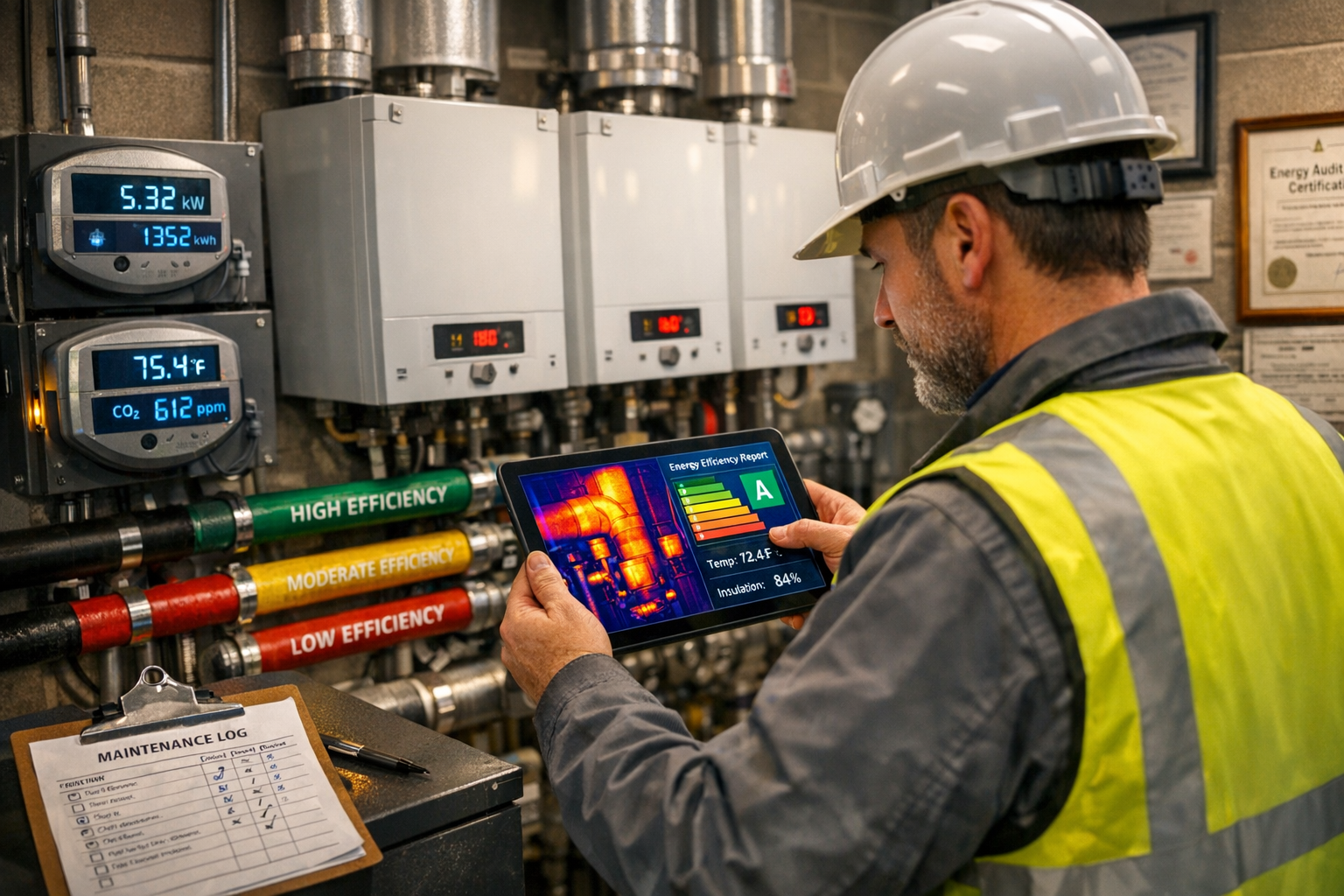 Detailed () editorial image showing professional surveyor conducting energy assessment inspection inside modern commercial