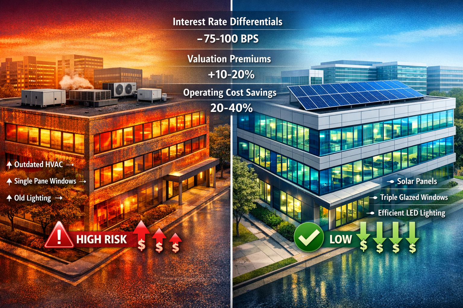 Detailed () infographic-style image showing split comparison of two commercial buildings side-by-side. Left side displays