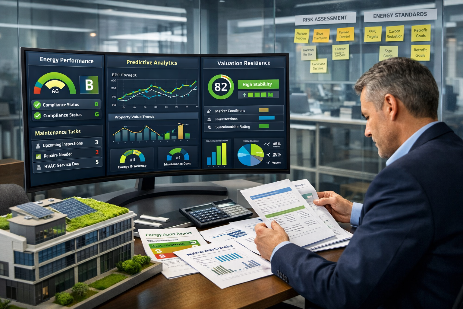 Detailed () conceptual business image showing modern bank lending office environment focused on property valuation