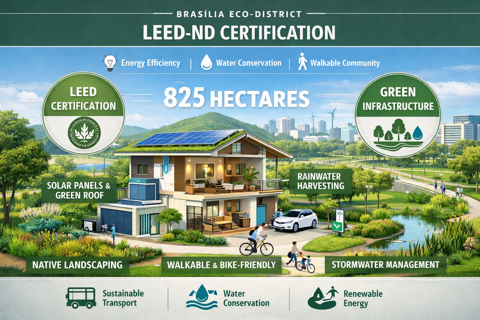 Detailed landscape format (1536x1024) image showing LEED-ND certification framework infographic with green building standards, sustainabilit