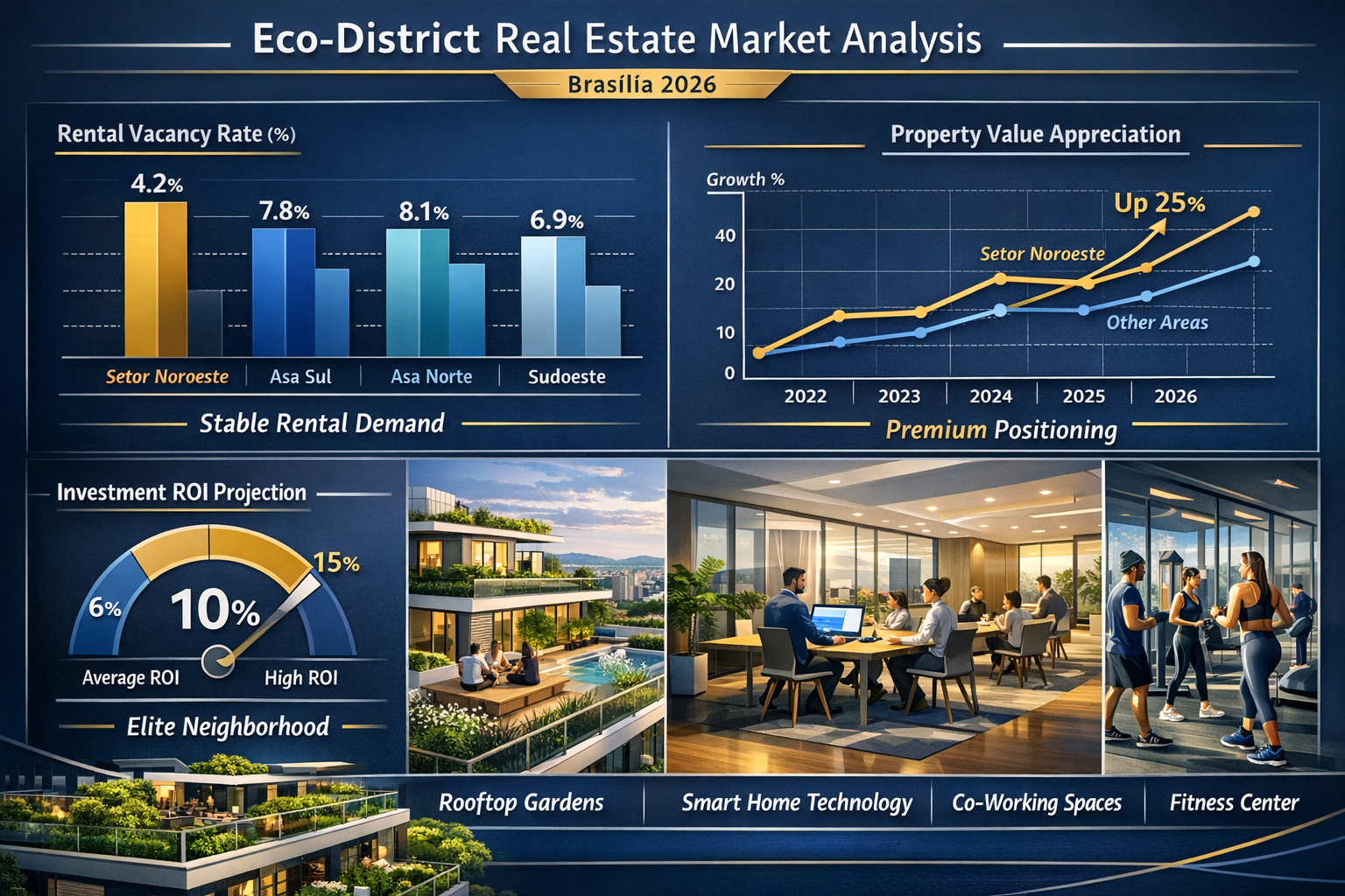 Detailed landscape format (1536x1024) image showing real estate market analysis dashboard for premium eco-district. Visual includes rental v