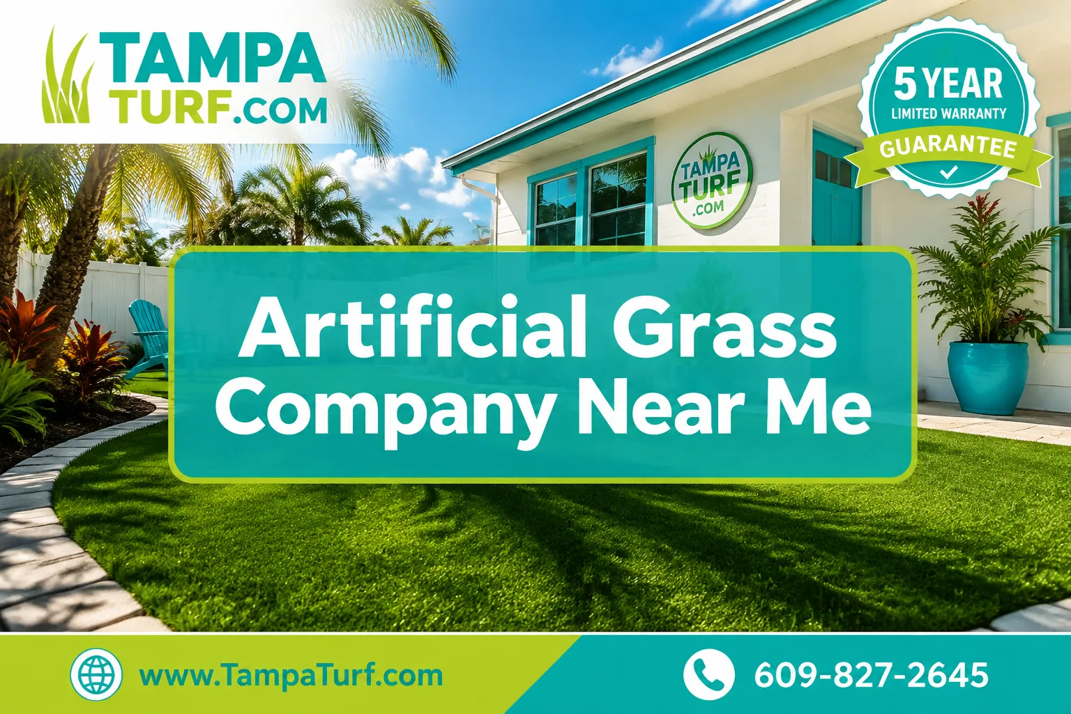 Professional () editorial hero image with SHORT : 'Artificial Grass Company Near Me' rendered on two centered lines in crisp