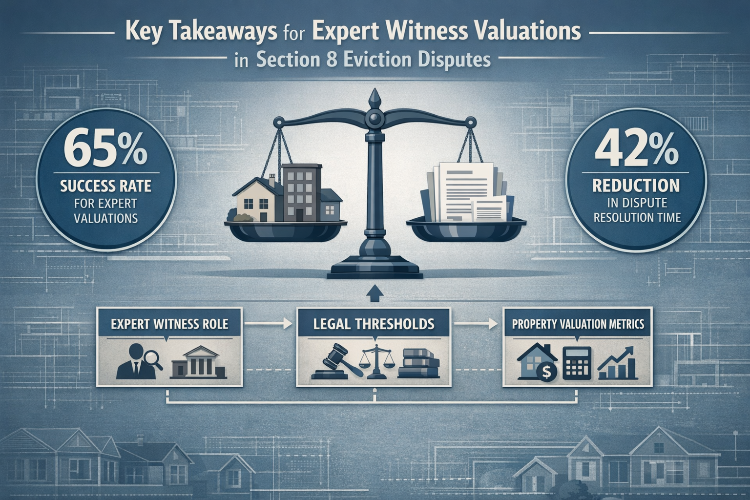 Landscape editorial infographic visualizing 'Key Takeaways' for Expert Witness Valuations in Section 8 Eviction Disputes.