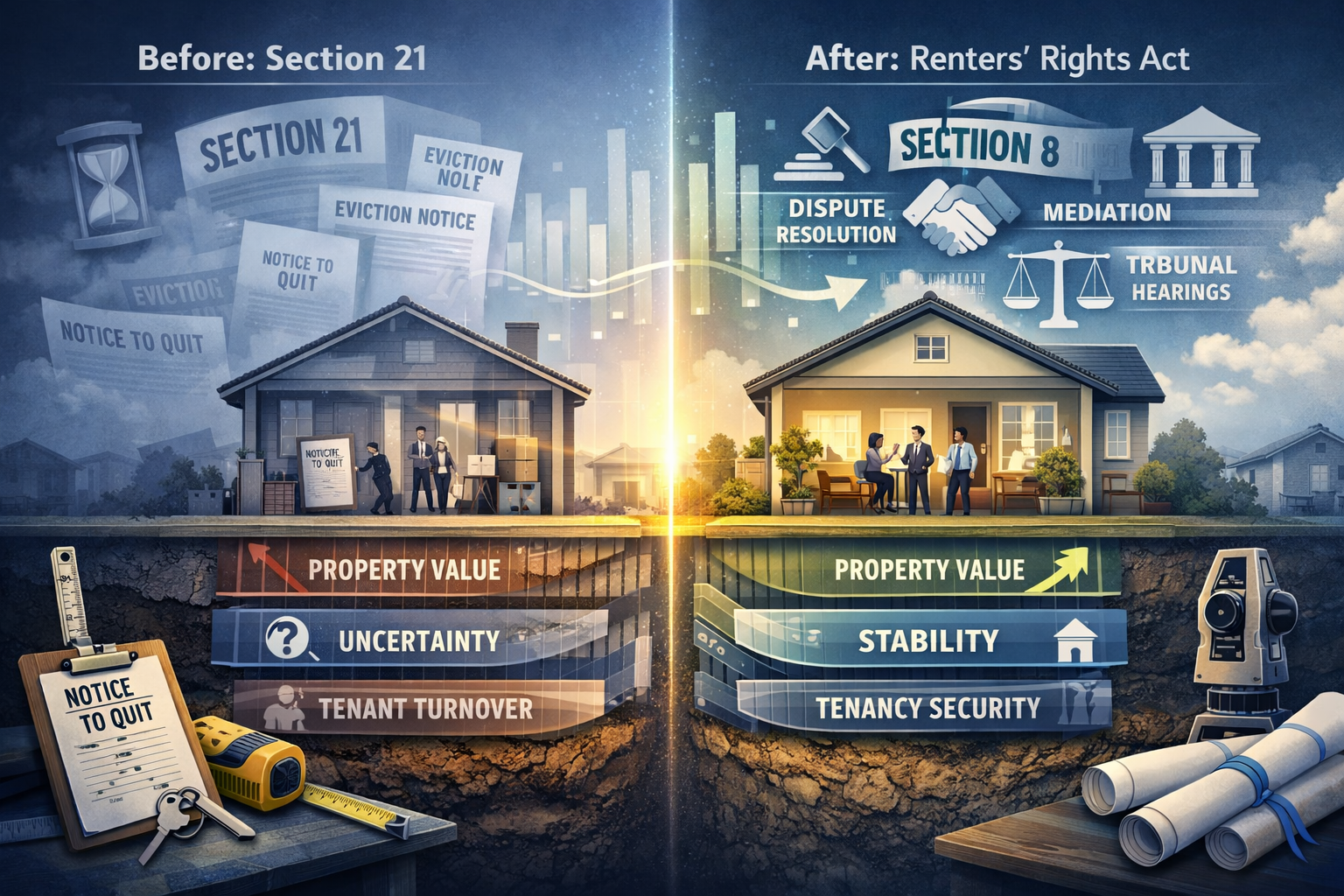 Comprehensive landscape visualization depicting 'Post-Section 21 Landscape for Expert Witness Valuations'. Split-screen