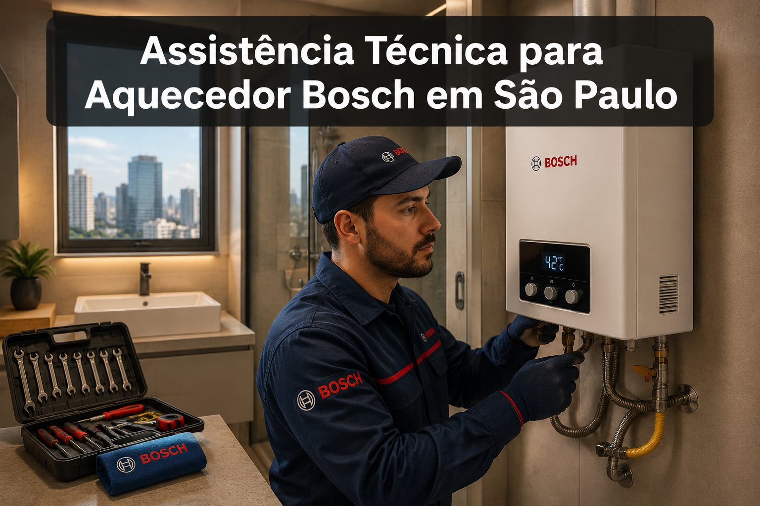 Professional () hero image featuring 'Assistência Técnica para Aquecedor Bosch em São Paulo' in extra large white with dark