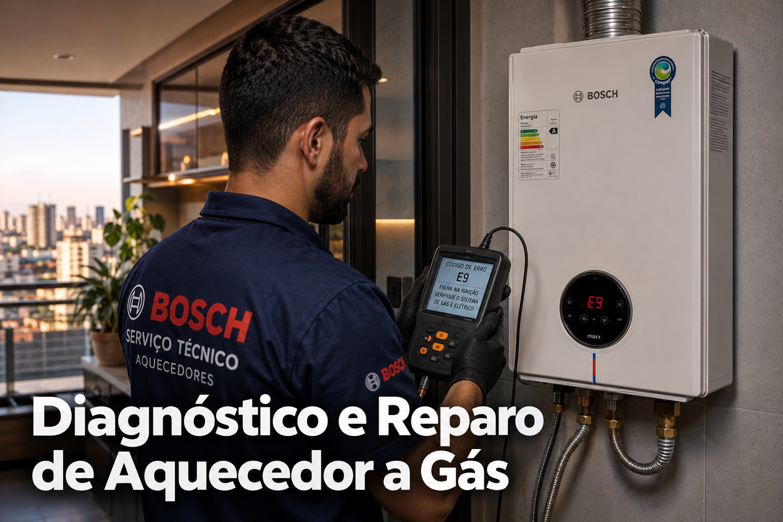 Detailed () showing a professional gas water heater technician performing diagnostic inspection on a Bosch wall-mounted
