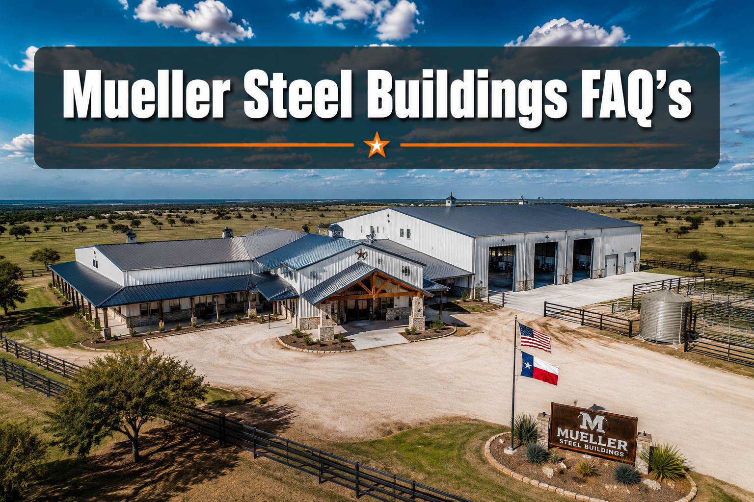 Professional () hero image featuring 'Mueller Steel Buildings FAQ's' in extra large white with dark drop , centered in upper