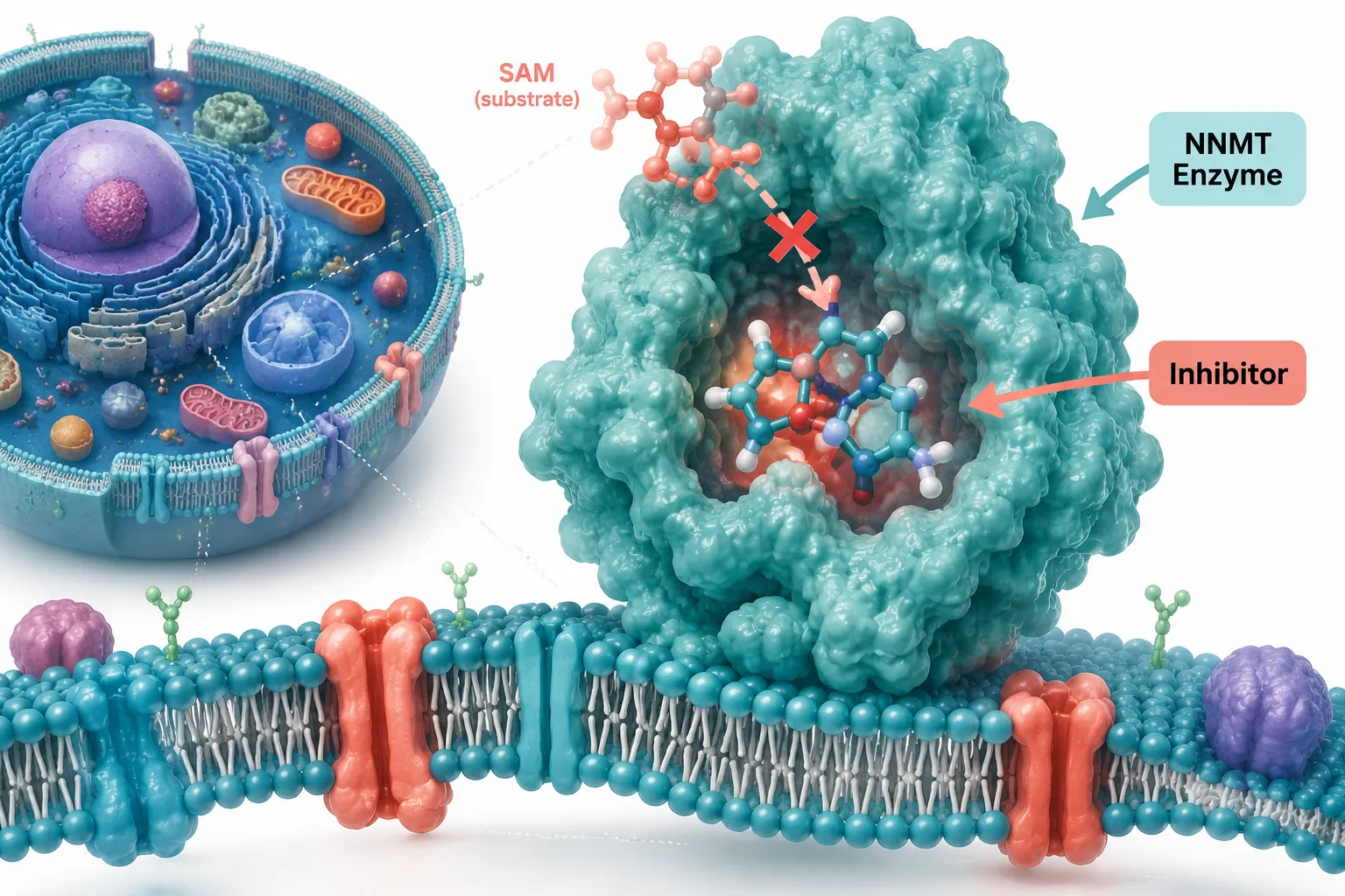 Isometric scientific illustration in bright, blocking SAM substrate binding. Vivid teal and coral color scheme, labeled