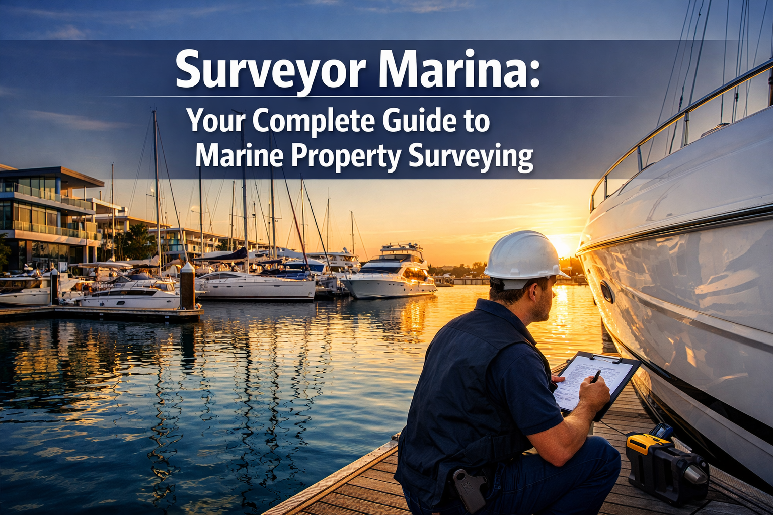 Professional landscape hero image (1536x1024) featuring bold text overlay 'Surveyor Marina: Your Complete Guide to Marine Property Surveying