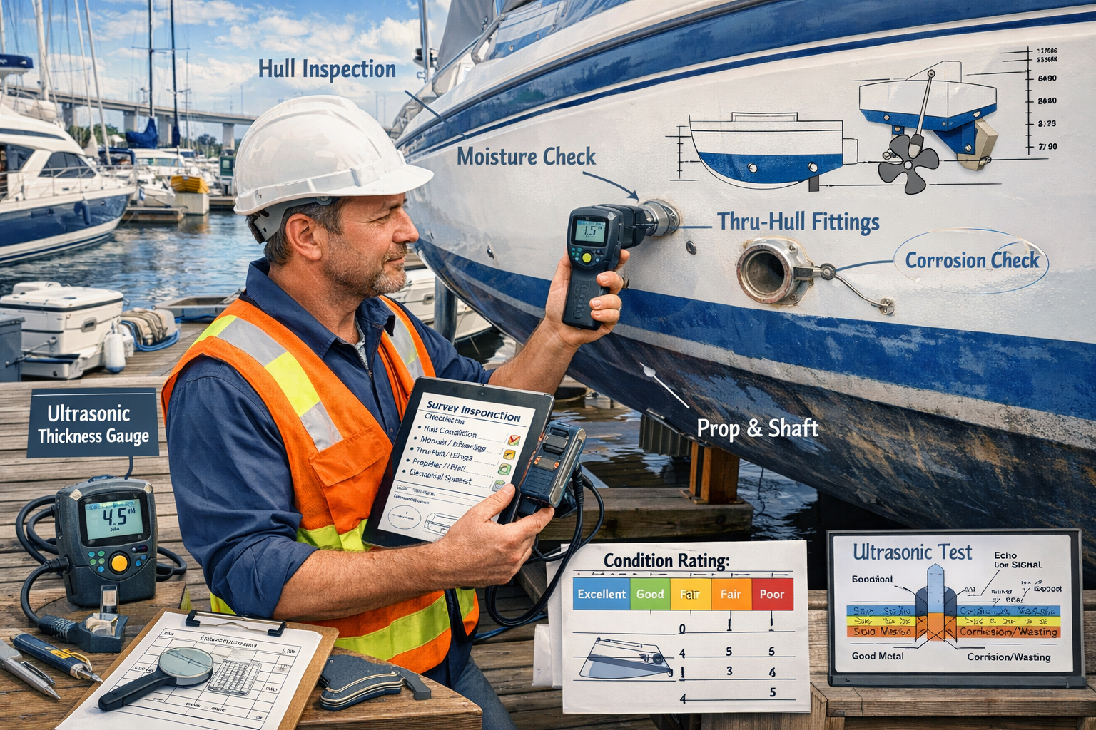 Detailed landscape illustration (1536x1024) showing professional marine surveyor conducting thorough vessel inspection at busy marina dock, 