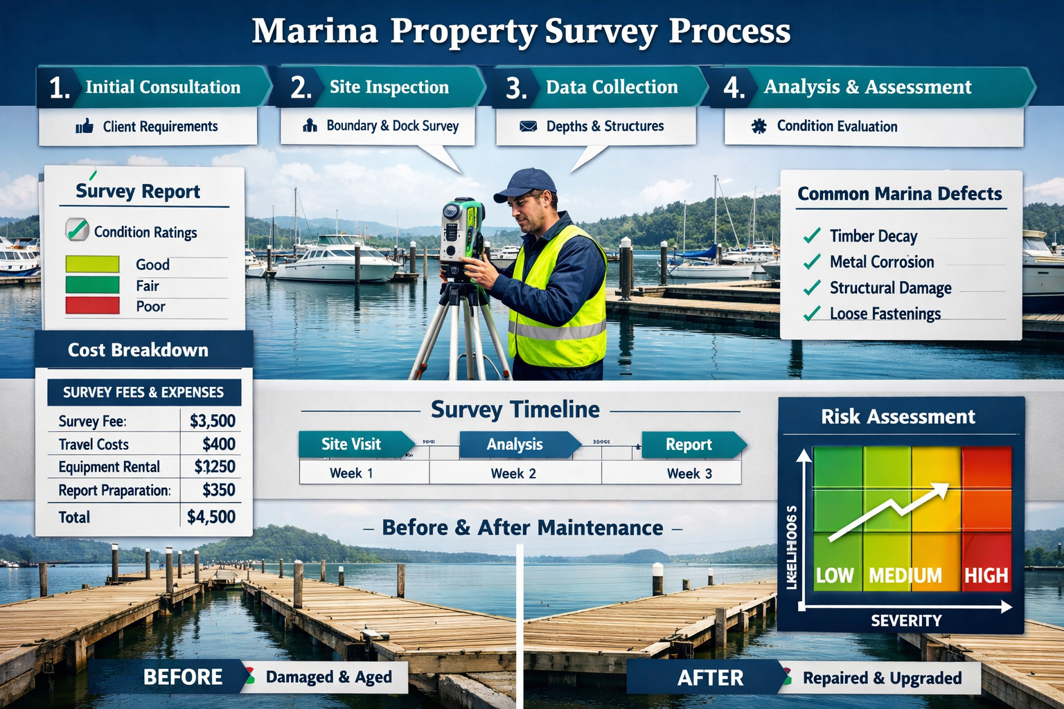 Comprehensive landscape infographic (1536x1024) displaying marina property survey process flowchart with numbered steps from initial consult