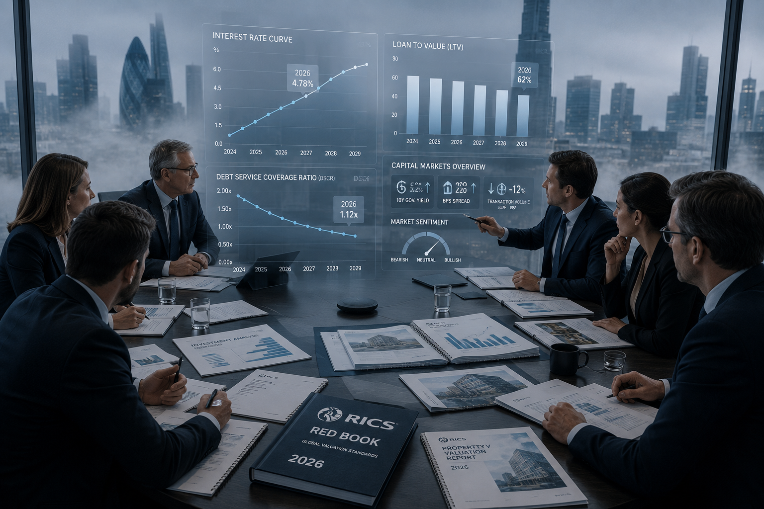 Wide-angle () editorial illustration showing a commercial real estate capital markets environment in 2026: a large