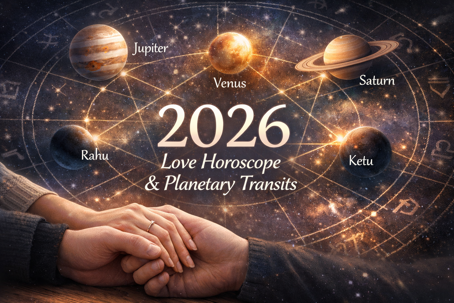 () image showing a cosmic calendar or astrological chart highlighting Jupiter, Venus, Saturn, Rahu, and Ketu. Planets are
