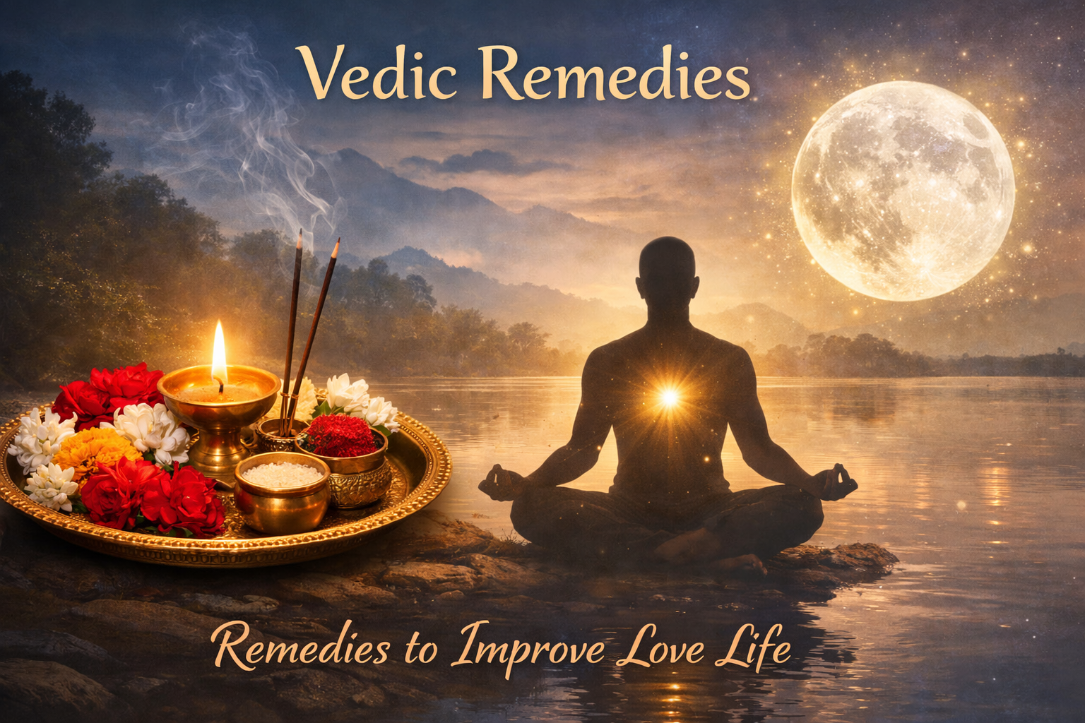 () image featuring various elements representing Vedic remedies: a small, ornate puja thali with flowers and incense, a