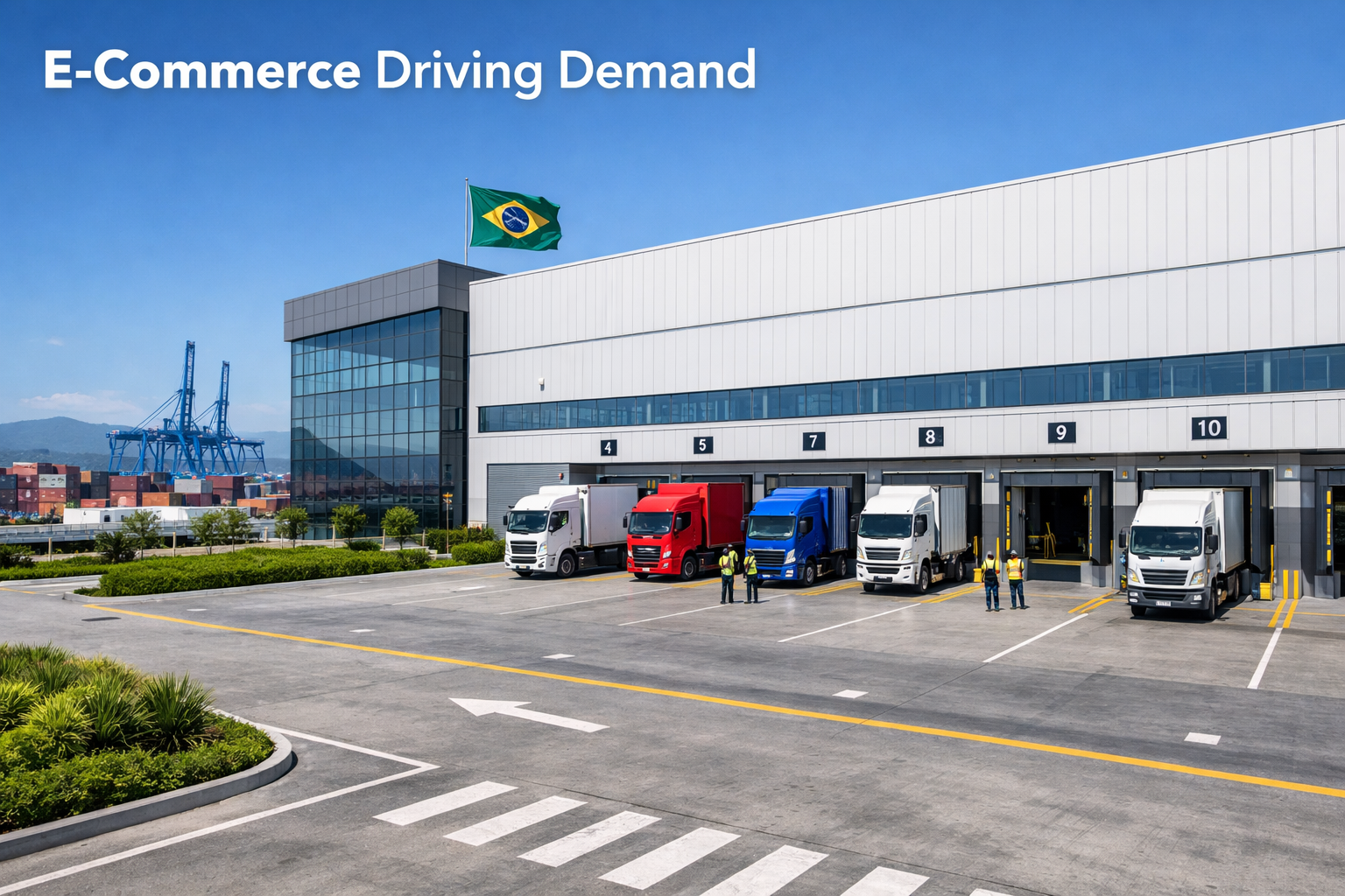 Detailed () image showing modern Class A warehouse facility exterior near Port of Santos with large glass windows, white