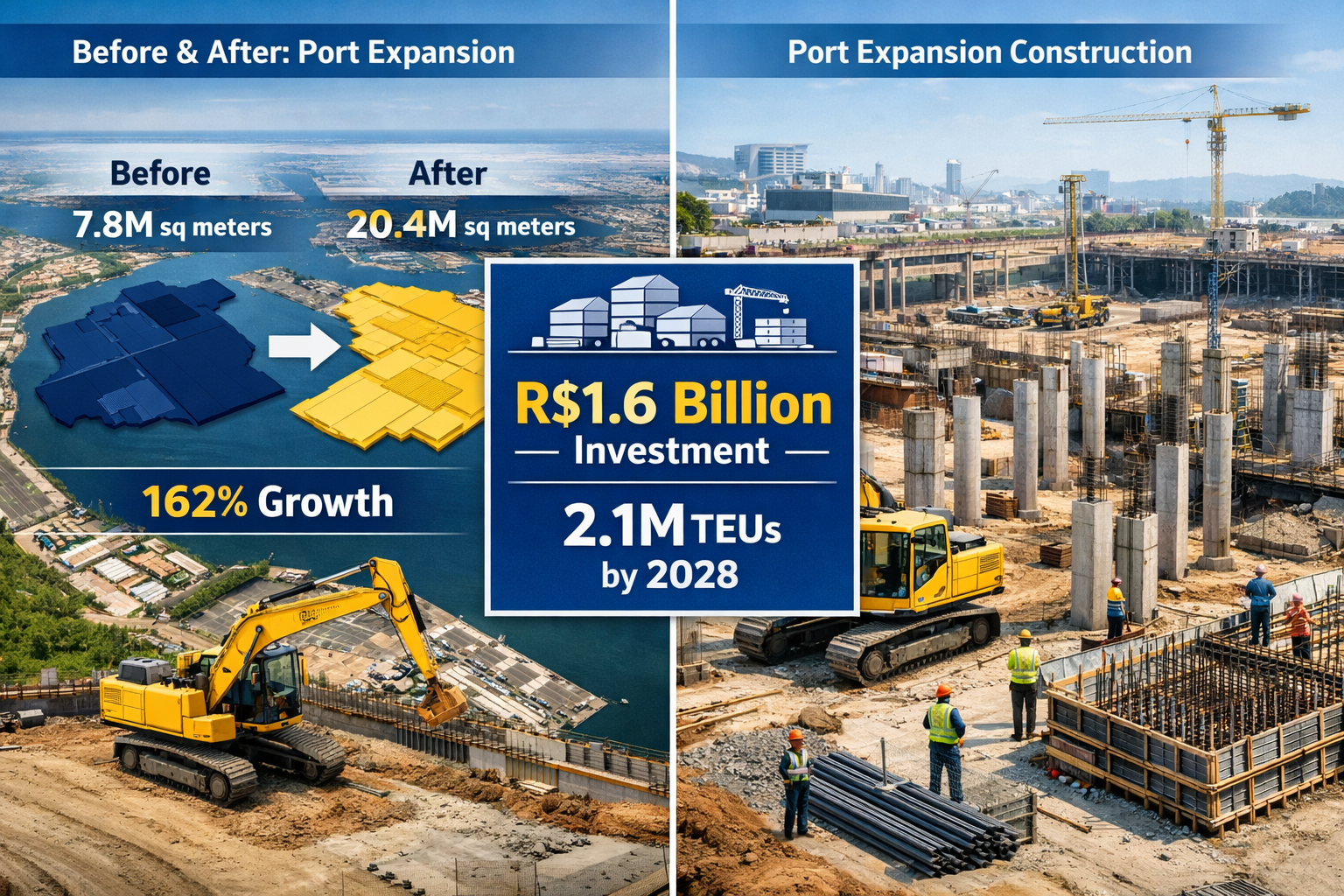Detailed () infographic-style image displaying Santos port expansion data with split-screen composition. Left side shows 3D