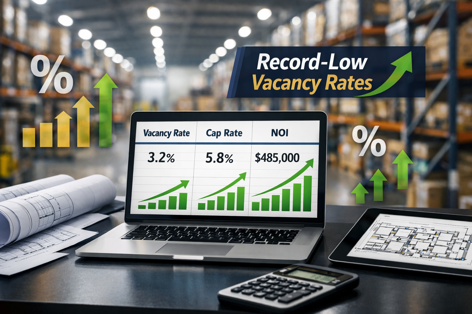 Detailed () image showing financial analysis concept for industrial real estate ROI with professional business setting.