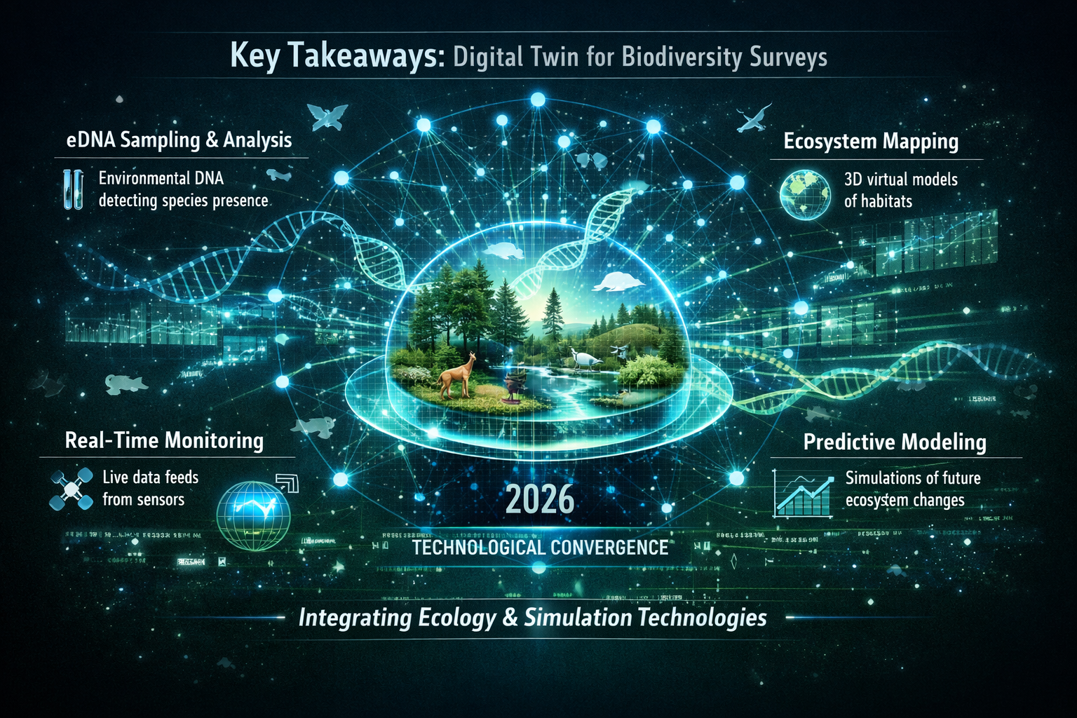 Key Takeaways infographic visualizing Digital Twin technology in biodiversity surveys, featuring a multi-layered holographic display showing