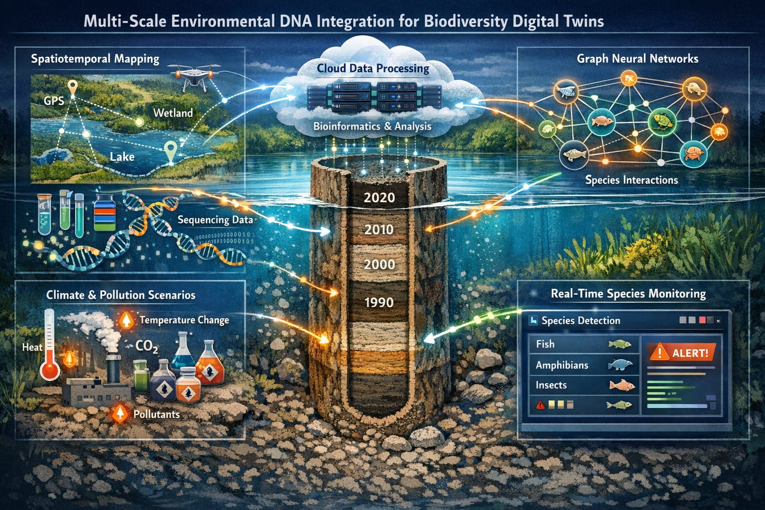 Detailed landscape format (1536x1024) technical diagram illustrating multi-scale environmental DNA integration workflow for biodiversity dig