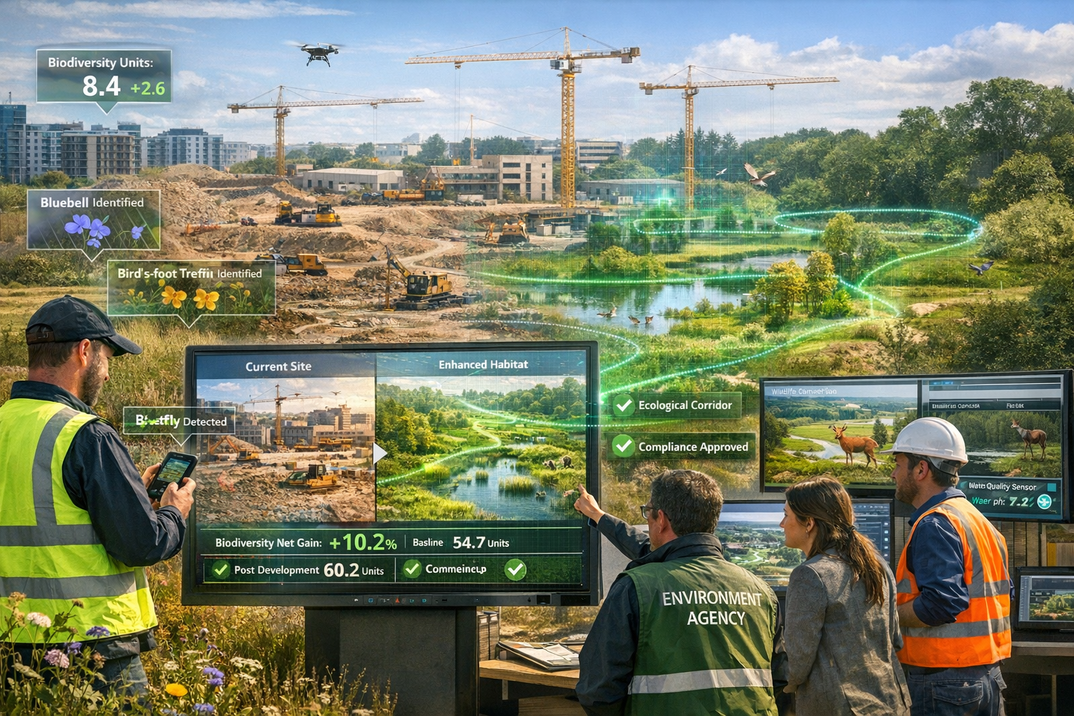 Detailed landscape format (1536x1024) composite image showing practical BNG survey applications of digital twin technology in 2026. Main sce