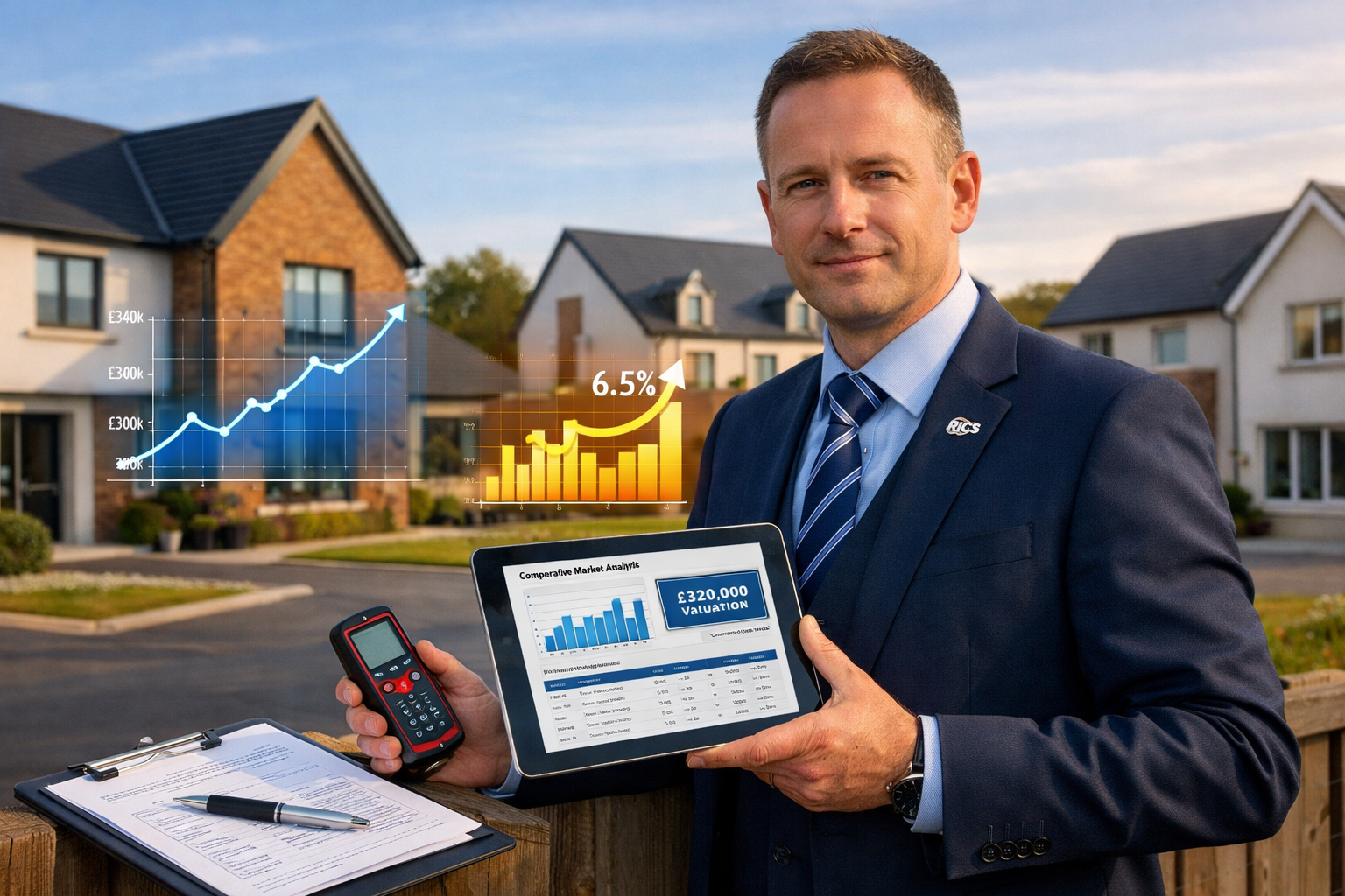 Detailed () image showing professional RICS chartered surveyor in business attire conducting property valuation inspection