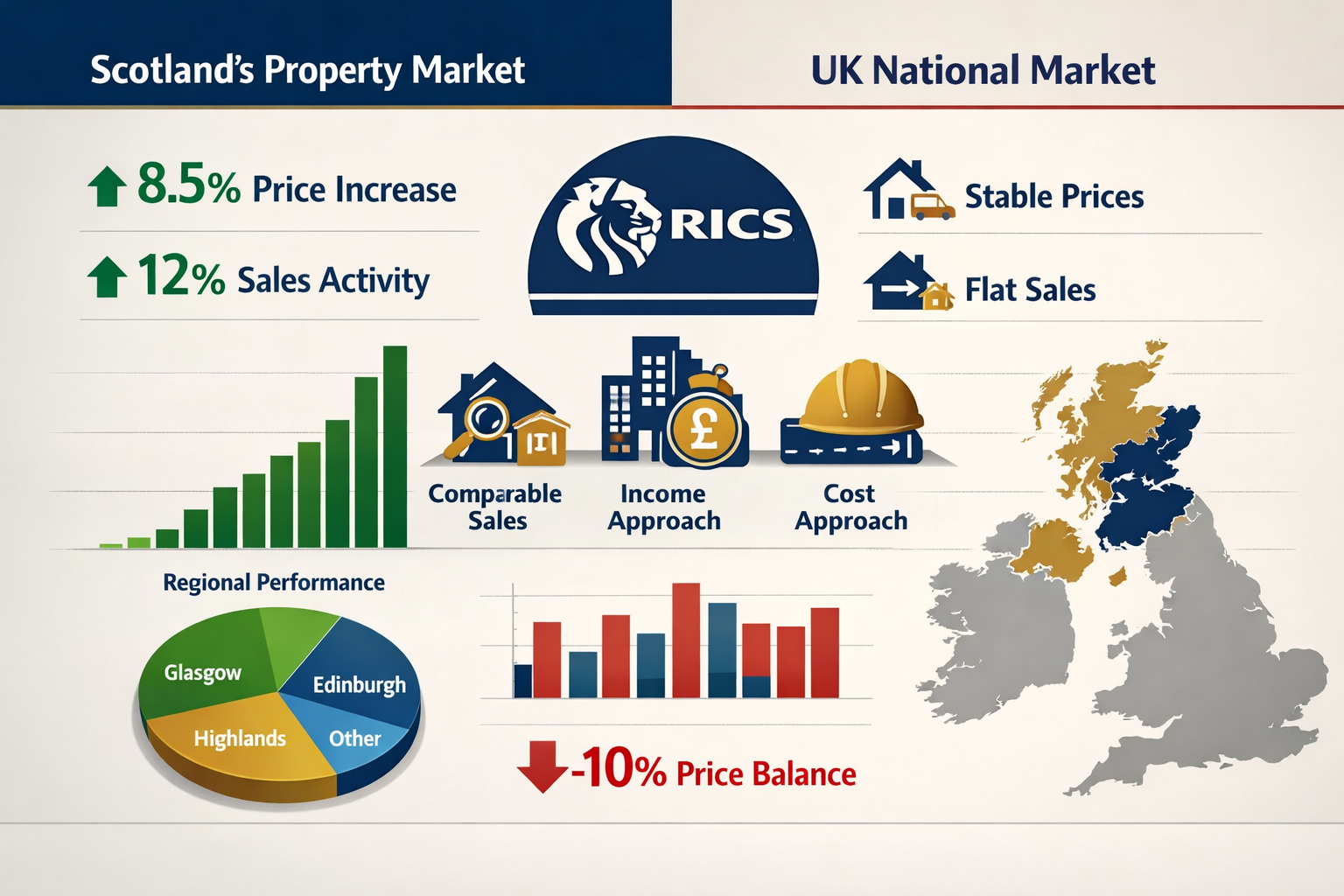 Comprehensive () infographic-style image displaying split-screen comparison chart: left side shows Scotland's property