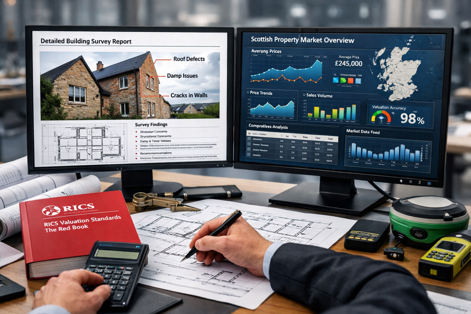 Detailed () image showing close-up of RICS professional's hands working on dual monitor setup displaying advanced valuation