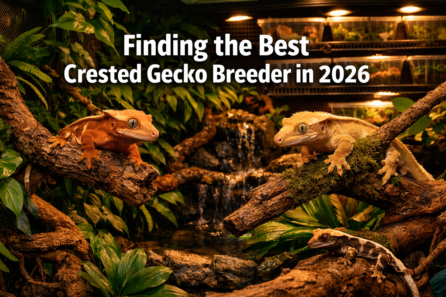 Professional landscape format (1536x1024) hero image featuring bold text overlay 'Finding the Best Crested Gecko Breeder in 2026' in extra l