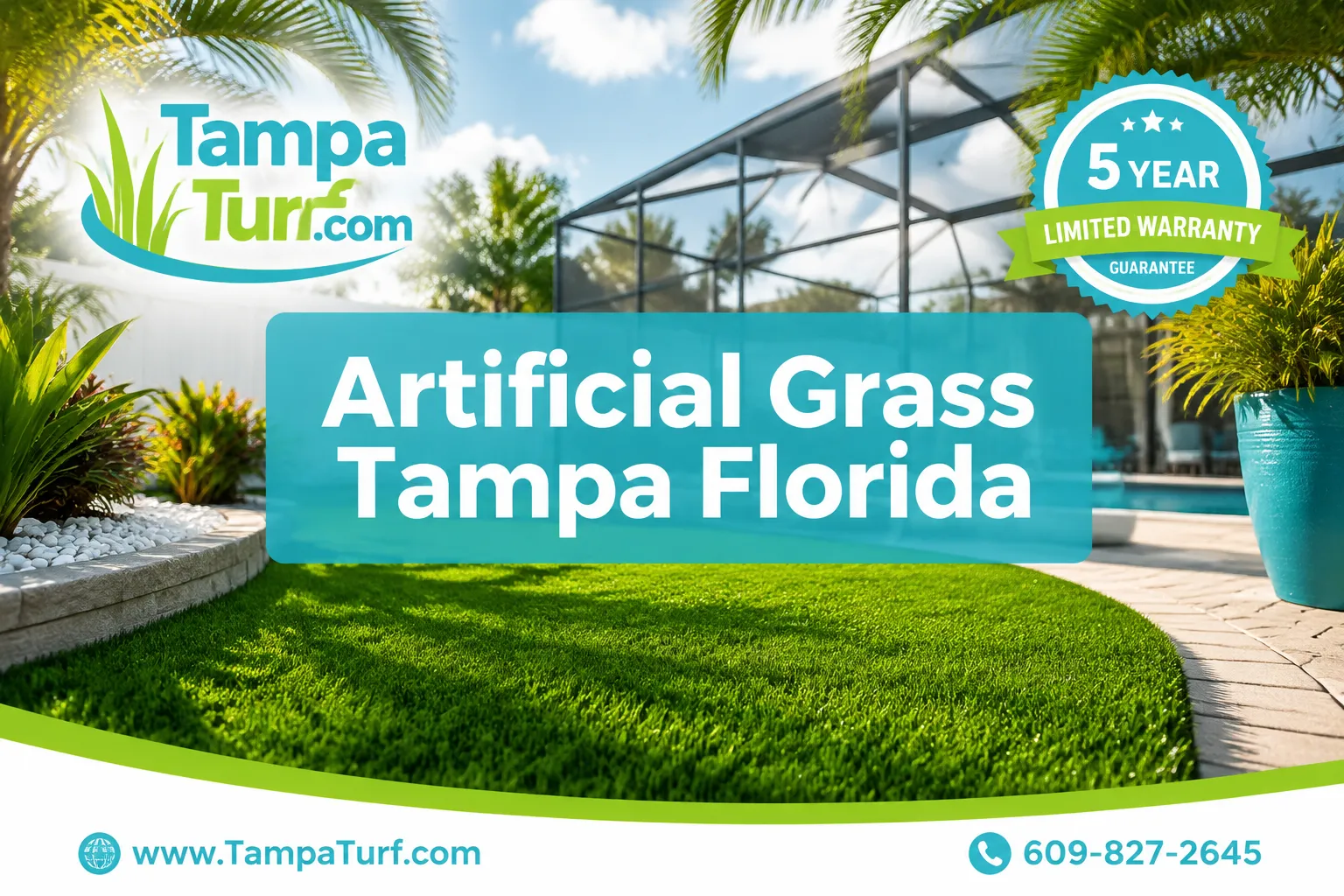 Professional () magazine-cover hero image with SHORT : 'Artificial Grass Tampa Florida', centered on 1-2 lines with generous