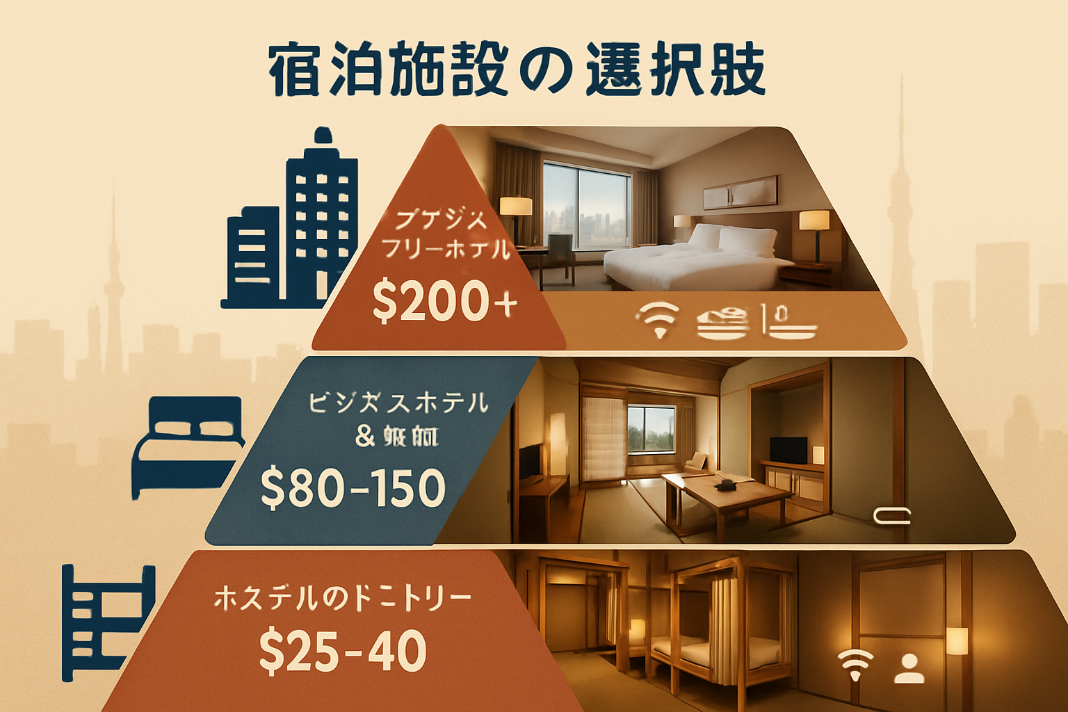 Comprehensive visual breakdown (1536x1024) of Japan accommodation options displayed as layered pricing pyramid. Bottom tier shows hostel dor