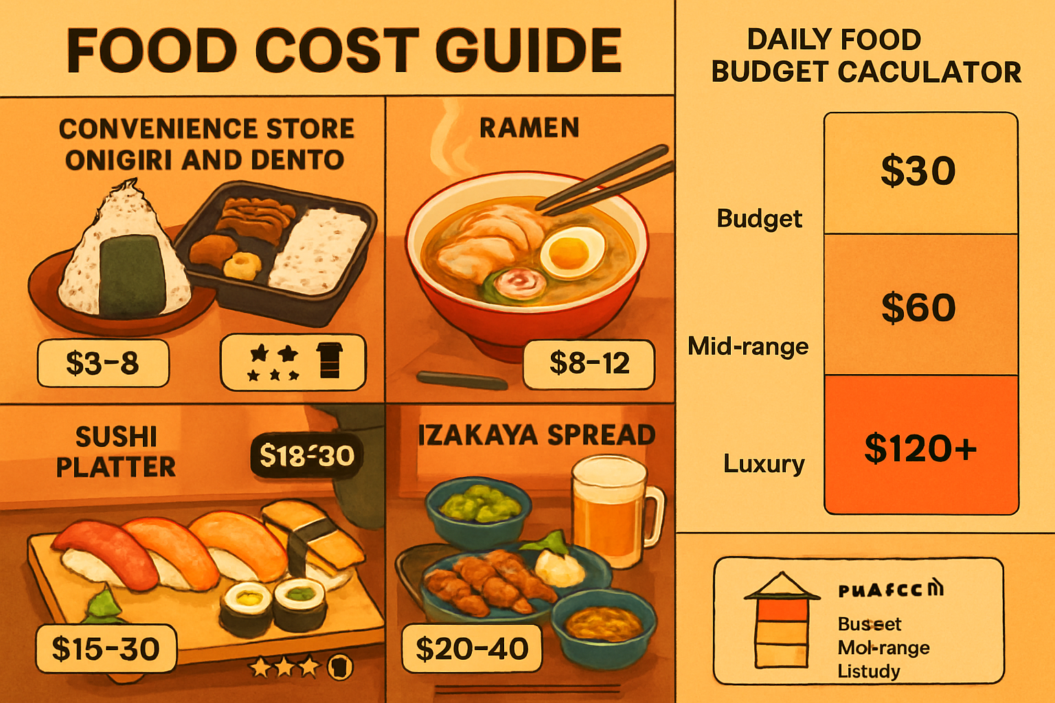 Colorful illustrated food cost guide (1536x1024) showing typical Japanese meals with price tags. Layout displays grid of food photography: c
