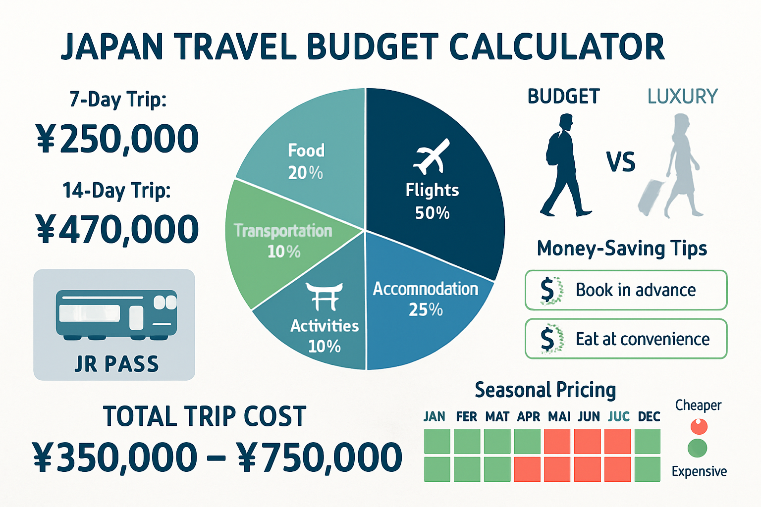 Comprehensive Japan travel budget calculator visualization (1536x1024) showing complete cost breakdown pie chart and timeline. Central large