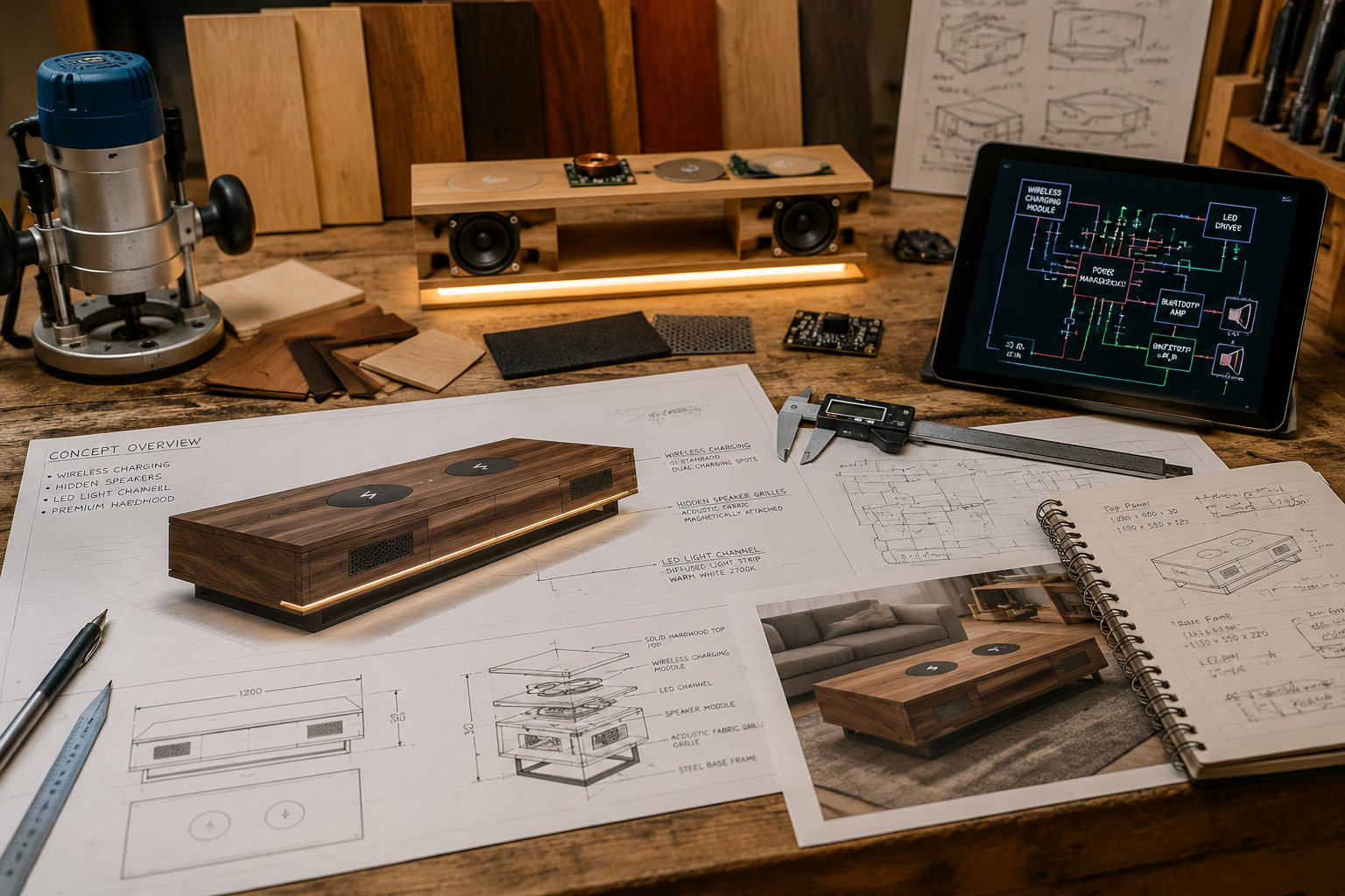 A beautifully composed landscape image () illustrating the detailed planning and design phase for smart home furniture. The