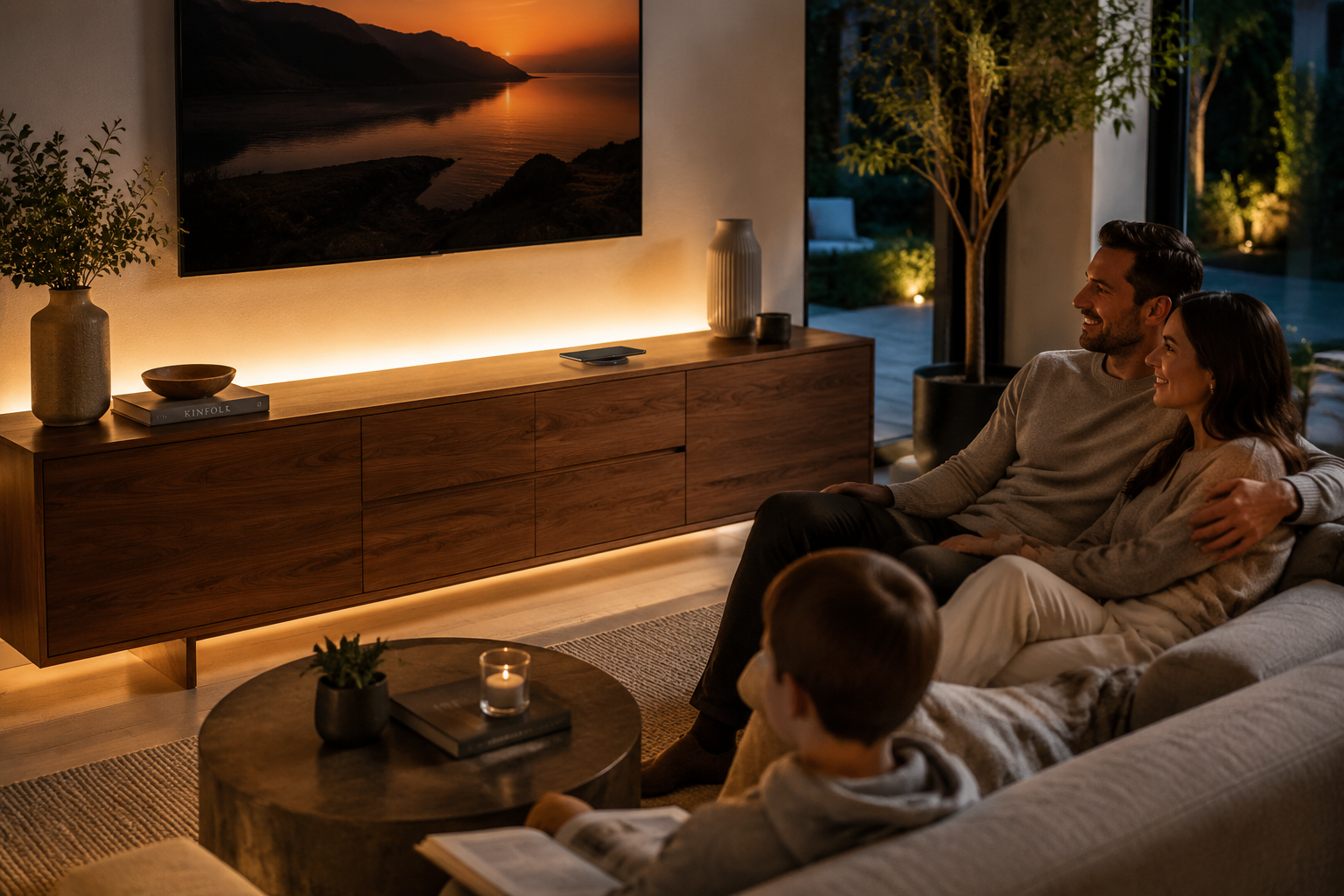 An elegant lifestyle shot in a modern living room () demonstrating the finished smart home furniture in use. A custom wooden