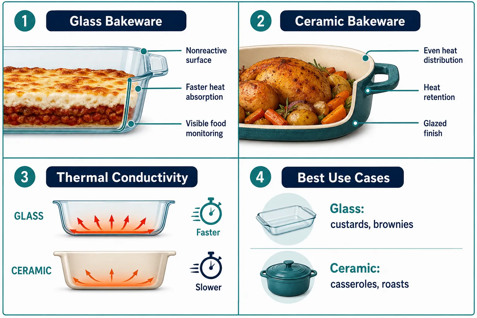 Four-panel labelled comparison infographic (1536x1024) on a clean white background with teal and navy accents: Panel 1 labeled 'Glass Bakeware' shows cross-section diagram of glass dish with callout lines pointing to 'Nonreactive surface', 'Faster heat absorption', 'Visible food monitoring'; Panel 2 labeled 'Ceramic Bakeware' shows ceramic casserole with callouts 'Even heat distribution', 'Heat retention', 'Glazed finish'; Panel 3 labeled 'Thermal Conductivity' shows a simple arrow diagram comparing heat spread speed; Panel 4 labeled 'Best Use Cases' lists 'Glass: custards, brownies' and 'Ceramic: casseroles, roasts'. Clean editorial infographic style, each panel separated by thin teal lines, short 1-5 word labels only. Introduction: Choosing Bakeware Is About More Than Aesthetics