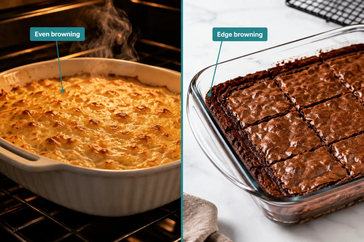 Split-screen editorial photograph (1536x1024): left half shows a close-up of a ceramic baking dish fresh from the oven with a golden-brown casserole inside, steam rising, warm amber kitchen lighting, annotated with short callout label 'Even browning'; right half shows a glass baking dish with brownies, slightly darker caramelized edges visible, bright studio lighting, annotated with callout label 'Edge browning'. High-contrast food photography, clean white countertop background, teal dividing line down the center, magazine-quality composition, no people. Durability vs Lifespan: Which Bakeware Offers the Long-Term Cost Advantage?