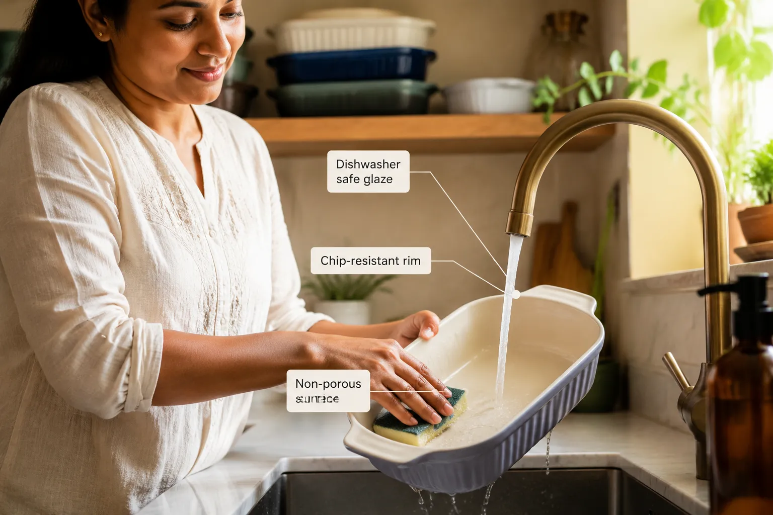 Annotated documentary-style photograph (1536x1024) of a kitchen sink scene: a person's hands (female, mid-30s) gently scrubbing a ceramic baking dish with a soft sponge under warm running water, bright natural window light. Three short callout labels with thin lines: 'Dishwasher safe glaze', 'Chip-resistant rim', 'Non-porous surface'. Background shows a tidy home kitchen with stacked ceramic baking dishes on an open shelf. Warm daylight palette, editorial food-lifestyle photography quality, shallow depth of field on the dish. Cleaning and Maintenance: Is Bakeware Care Worry-Free?