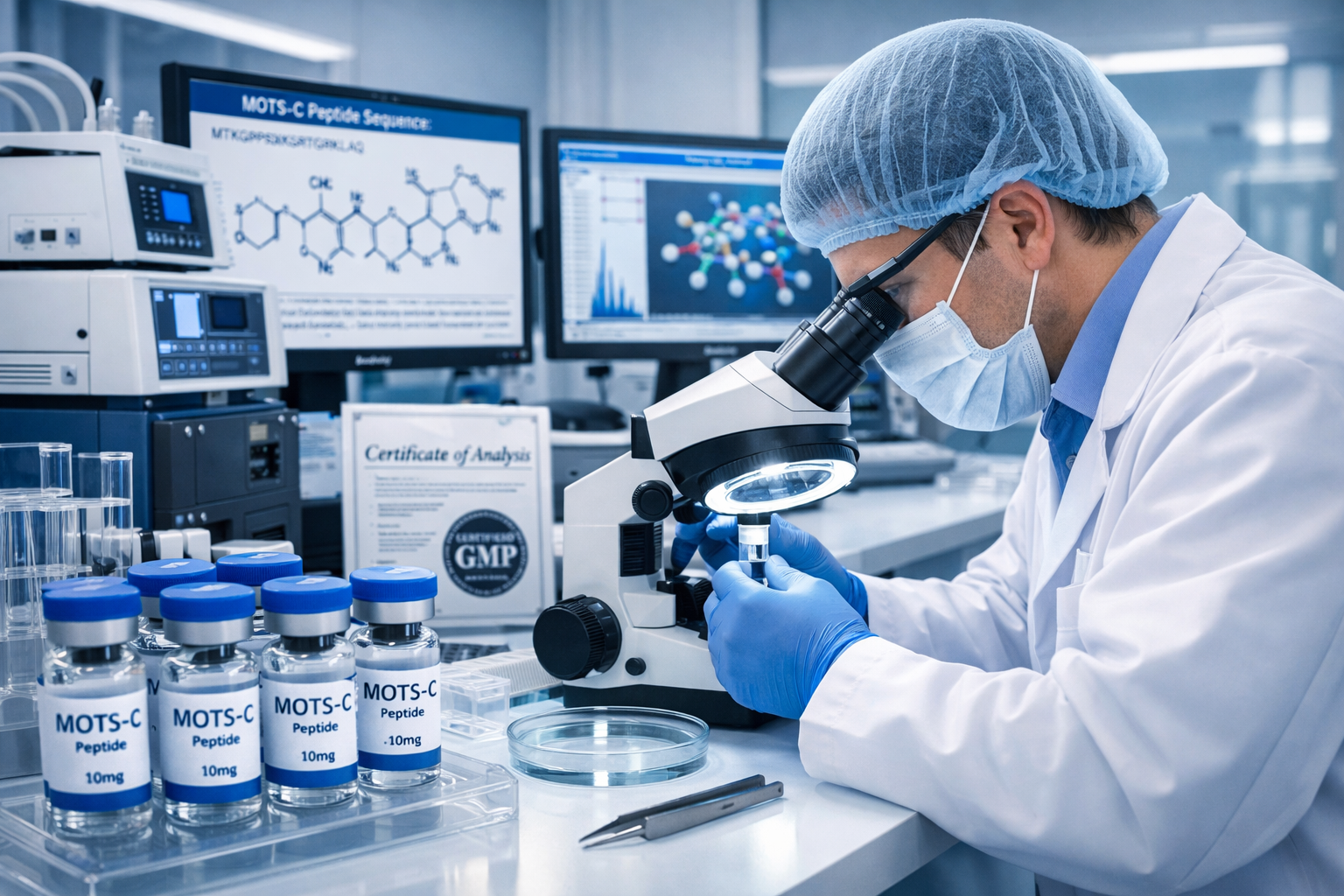 Scientific laboratory setting showing research peptide vials labeled MOTS-C, laboratory equipment, quality testing instruments, certificatio