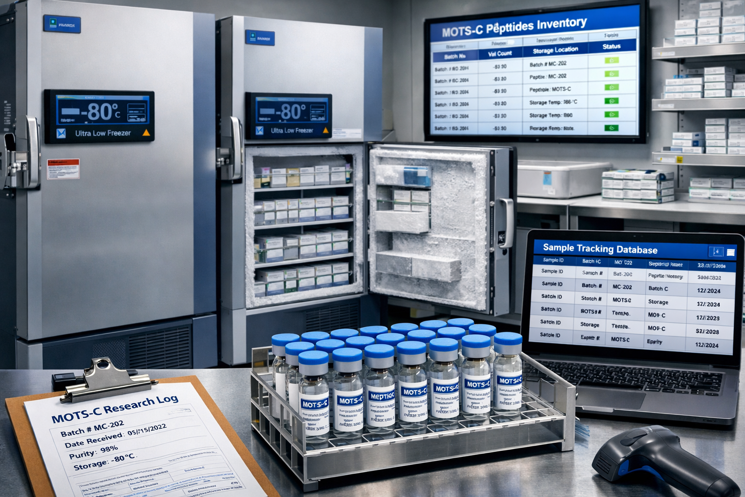 High-tech laboratory storage facility showing proper peptide preservation with temperature-controlled environments, specialized freezers, or