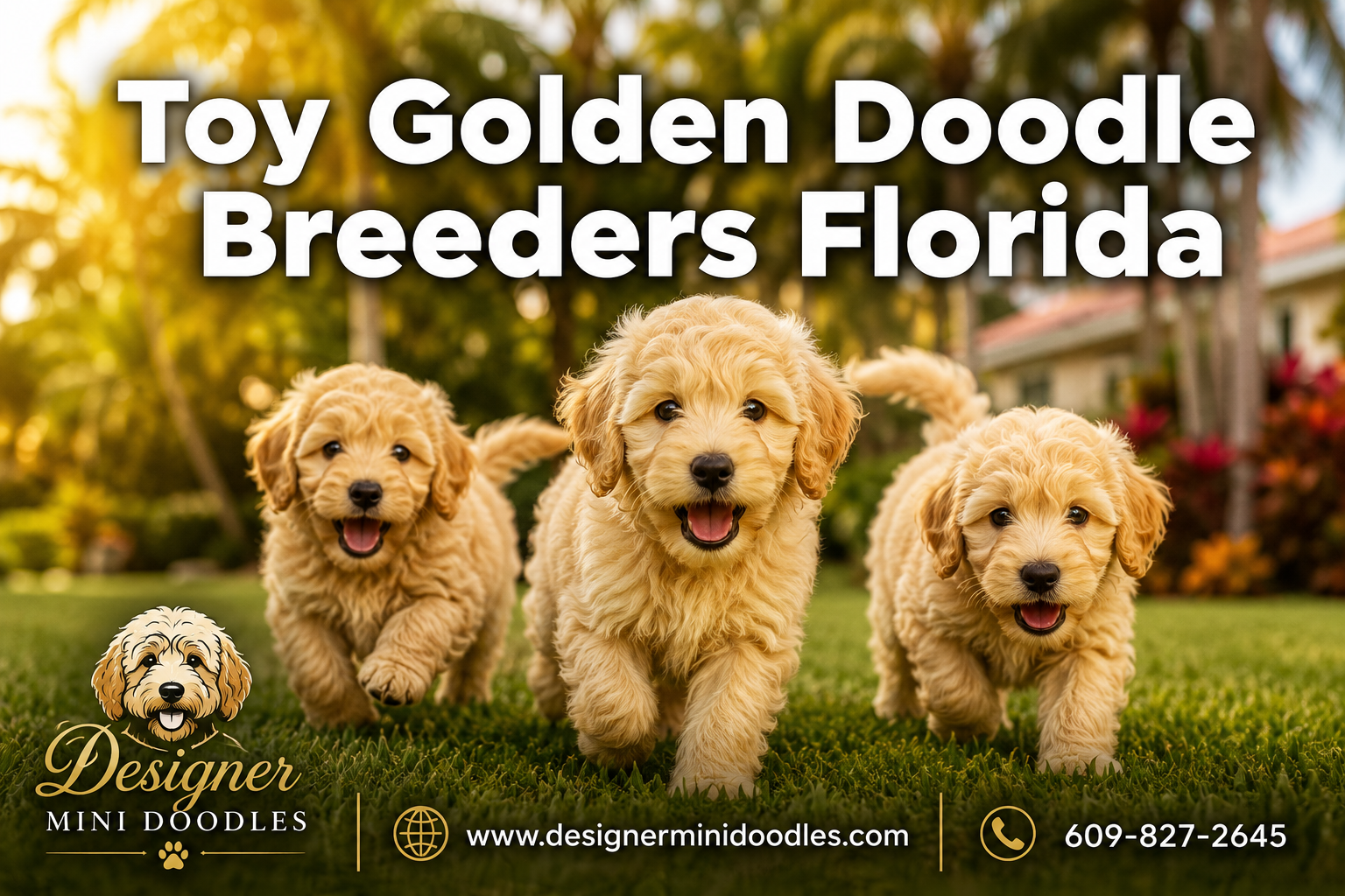 Professional () hero image featuring 'Toy Golden Doodle Breeders Florida' in extra large white with dark effect, centered in