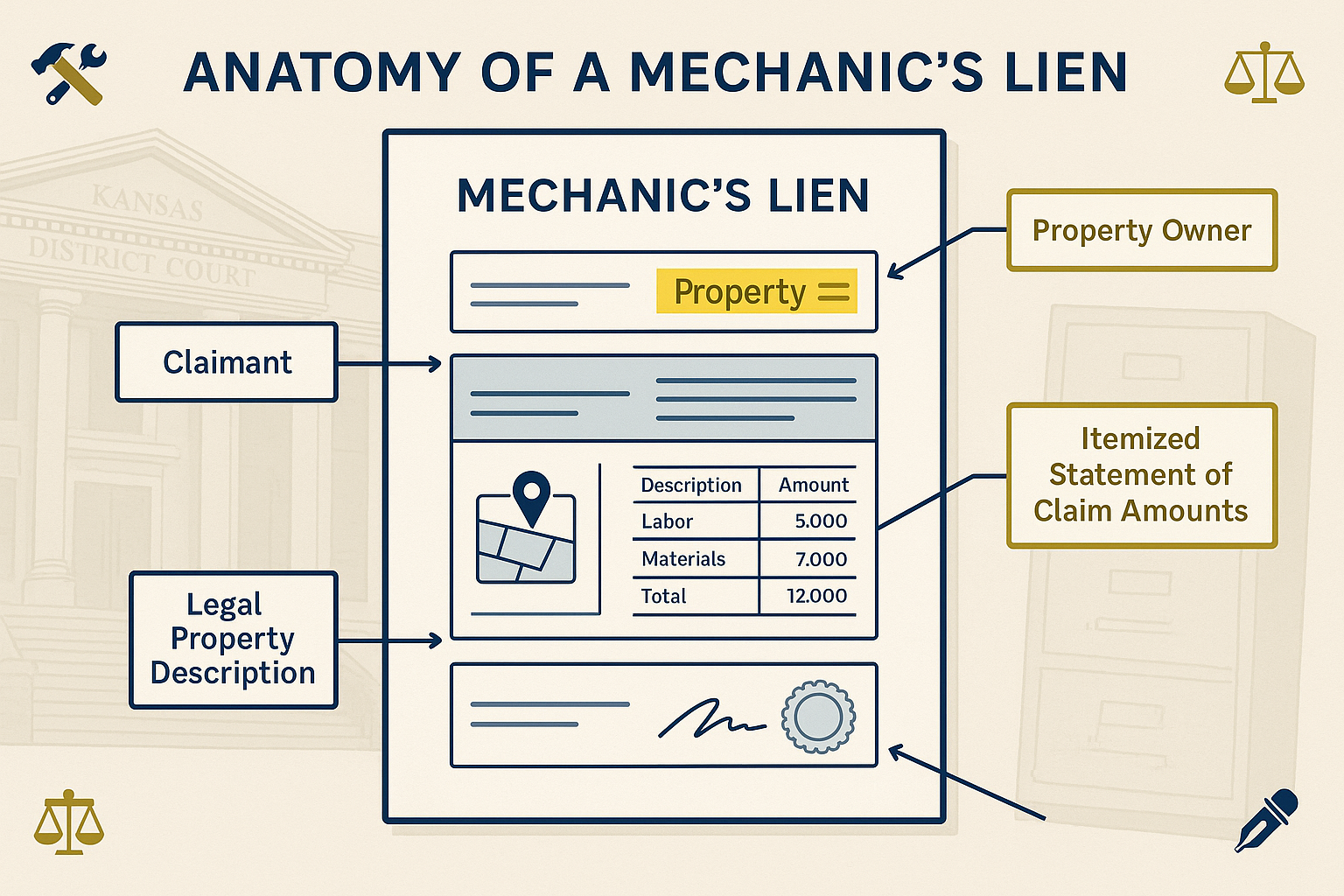 Detailed infographic illustration (1536x1024) showing the anatomy of a mechanic's lien document with labeled callouts pointing to essential
