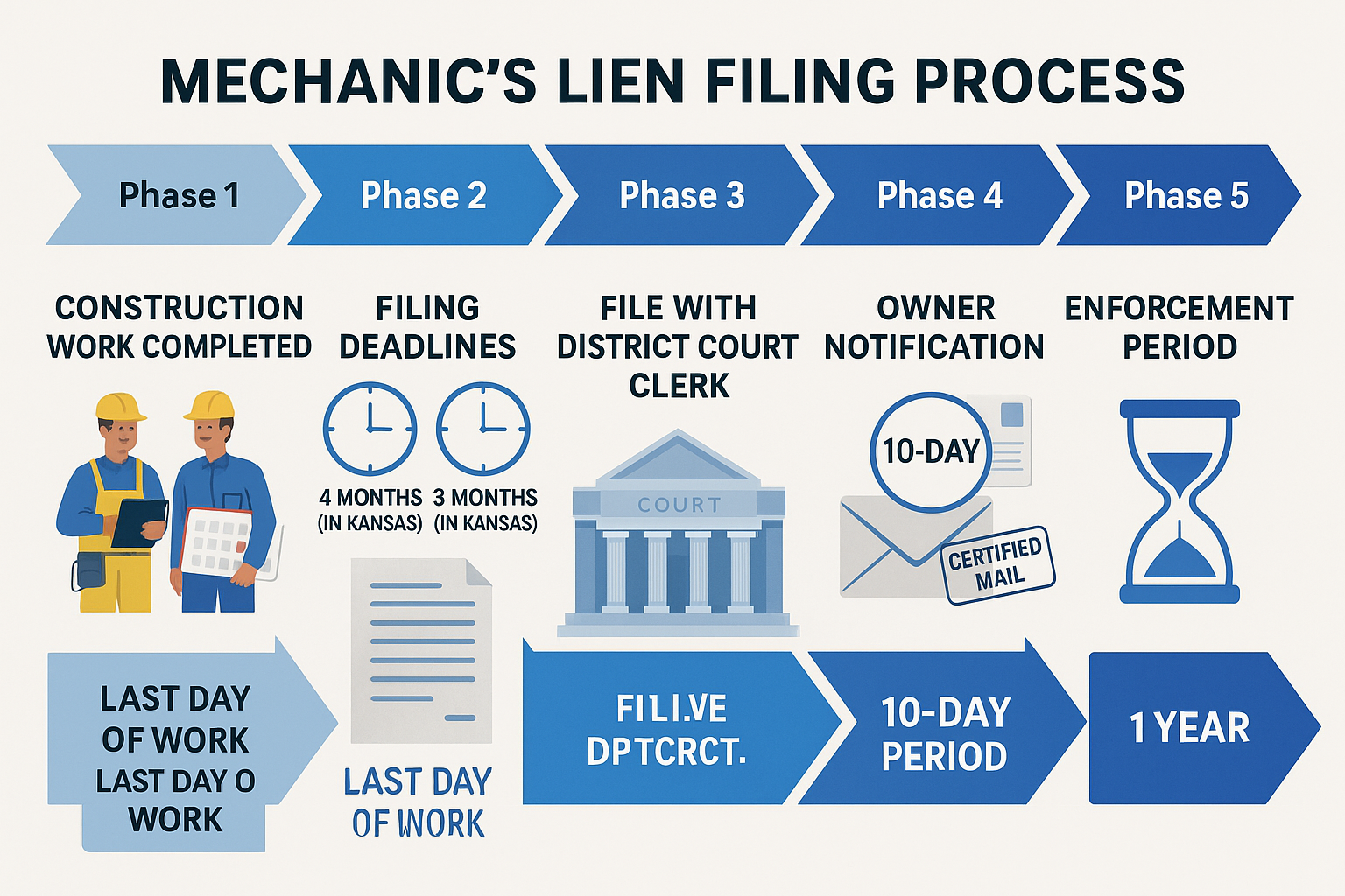 Comprehensive timeline flowchart (1536x1024) displaying the mechanic's lien filing process from start to finish with distinct phases: Phase