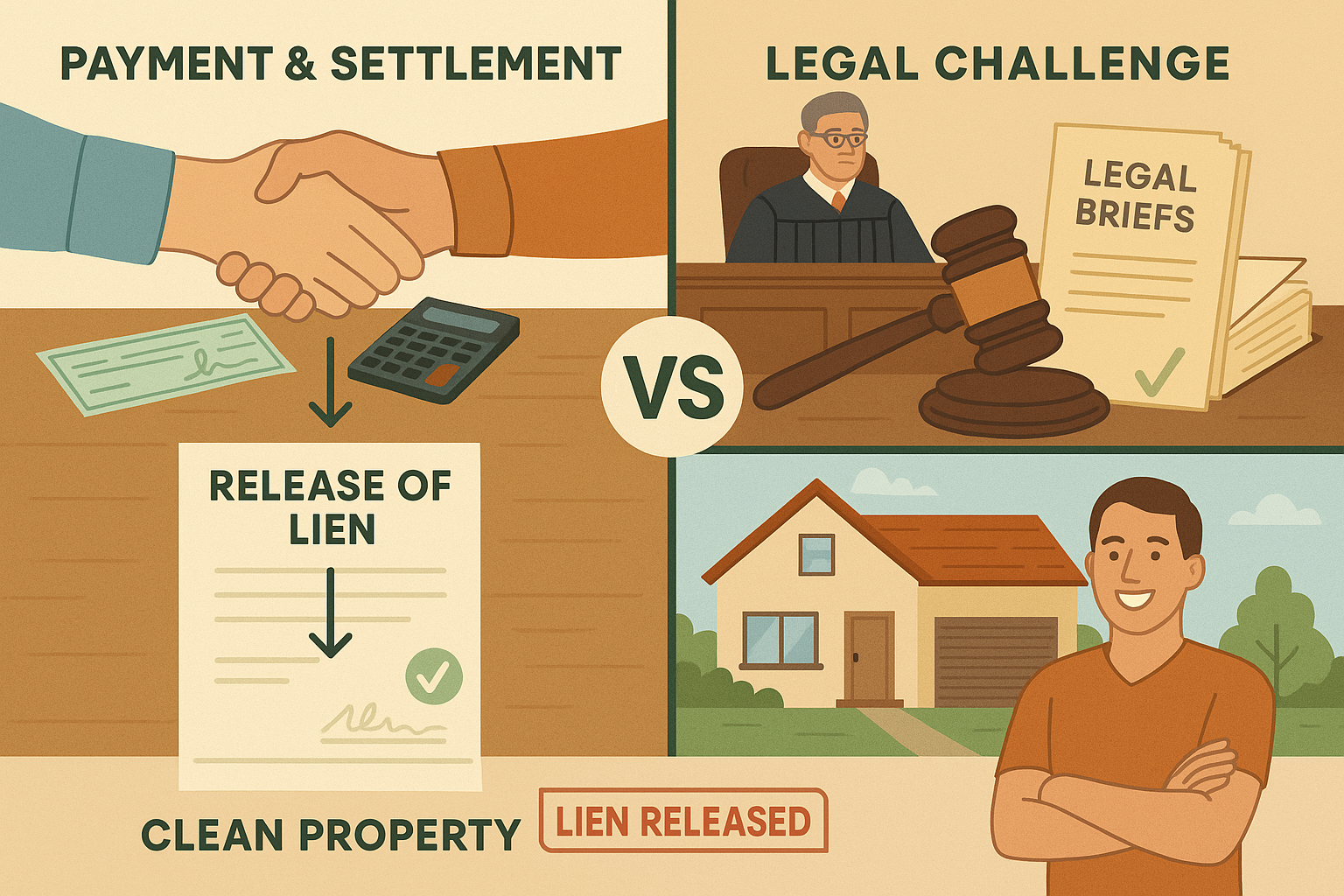 Split-screen comparison image (1536x1024) showing two pathways for removing mechanic's liens: Left side labeled 'Payment & Settlement' displ