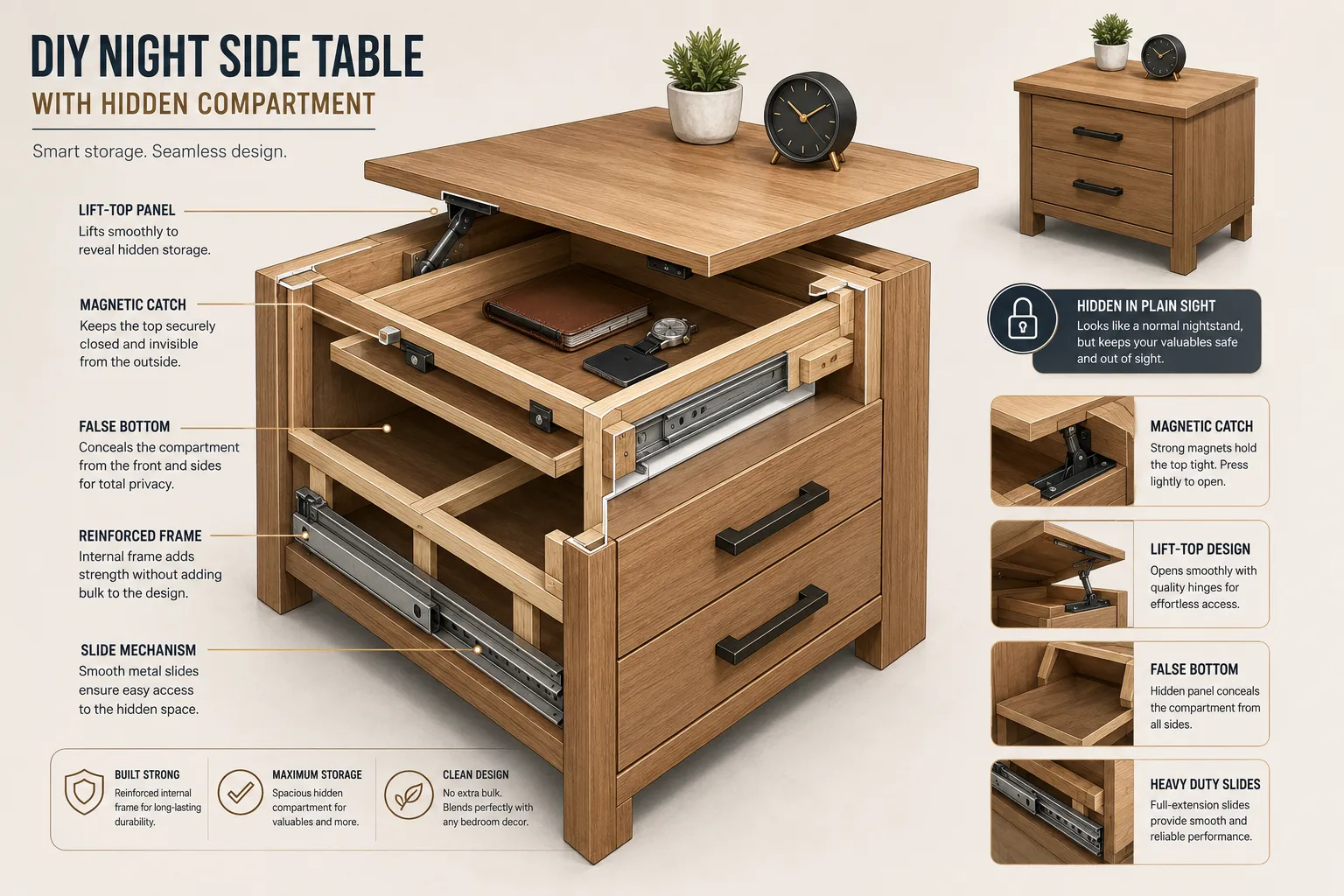 Design Principles for a Non-Bulky Hidden Compartment Nightstand