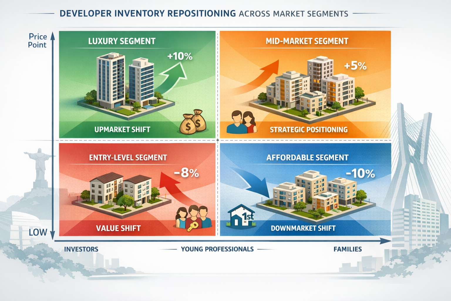 () strategic matrix visualization showing developer inventory repositioning across market segments. Four-quadrant diagram