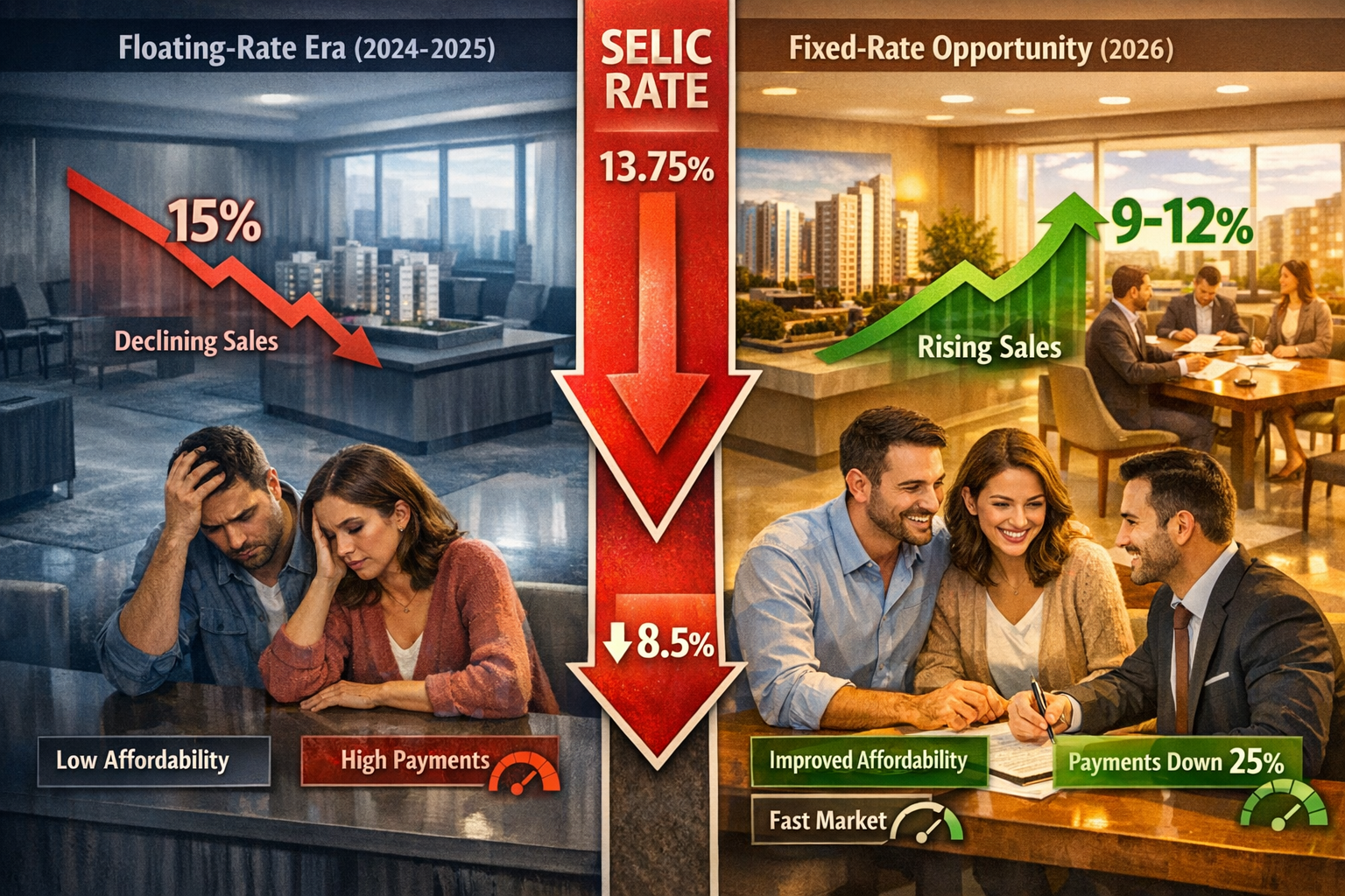 () split-screen comparison image showing 'Before vs After' mortgage financing landscape. Left side labeled 'Floating-Rate