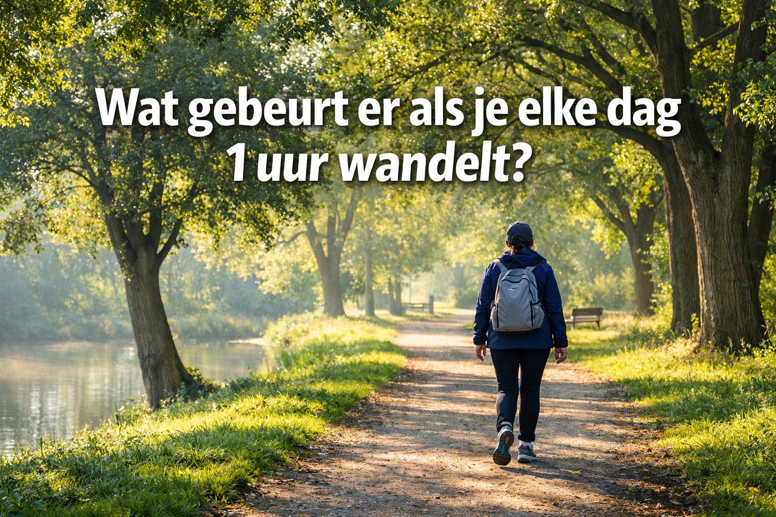 Professional landscape hero image (1536x1024) featuring bold text overlay 'Wat gebeurt er als je elke dag 1 uur wandelt?' in extra large 70p