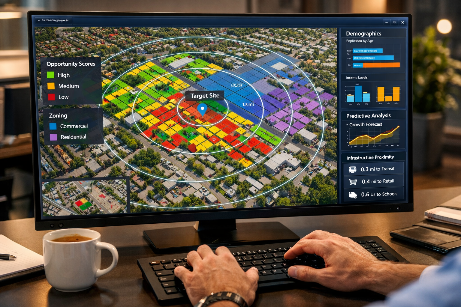 Landscape format (1536x1024) detailed 3D property development decision-making visualization showing interactive GIS platform interface on la