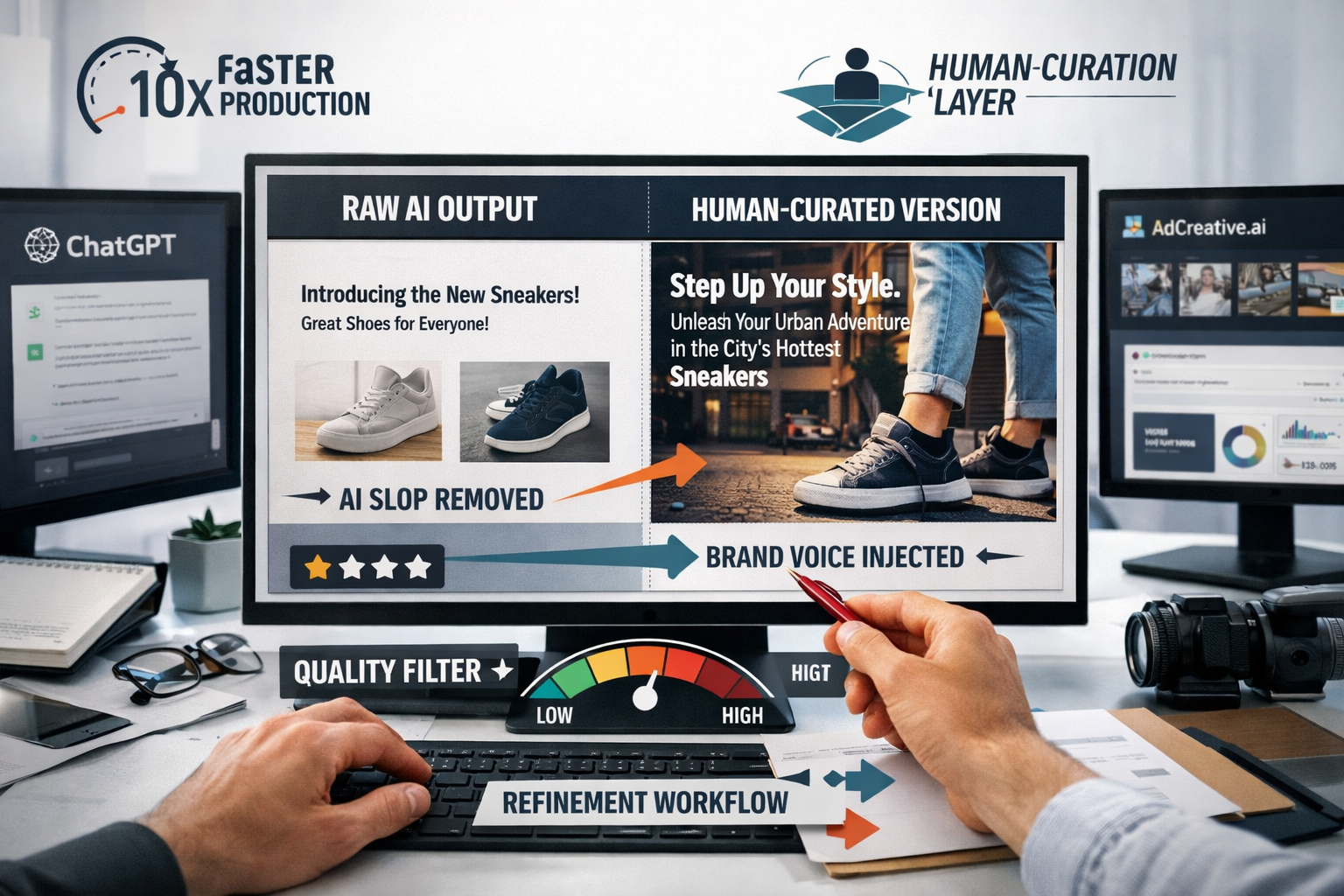 Detailed landscape format (1536x1024) editorial-style image showing a professional workspace with multiple screens displaying AI tool interf