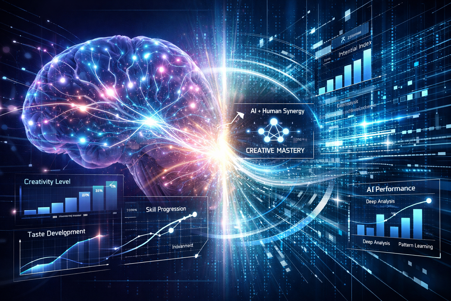 Futuristic digital landscape depicting 'Understanding AI-Native Creative Taste Mastery in 2026' - split-screen visualization showing human c